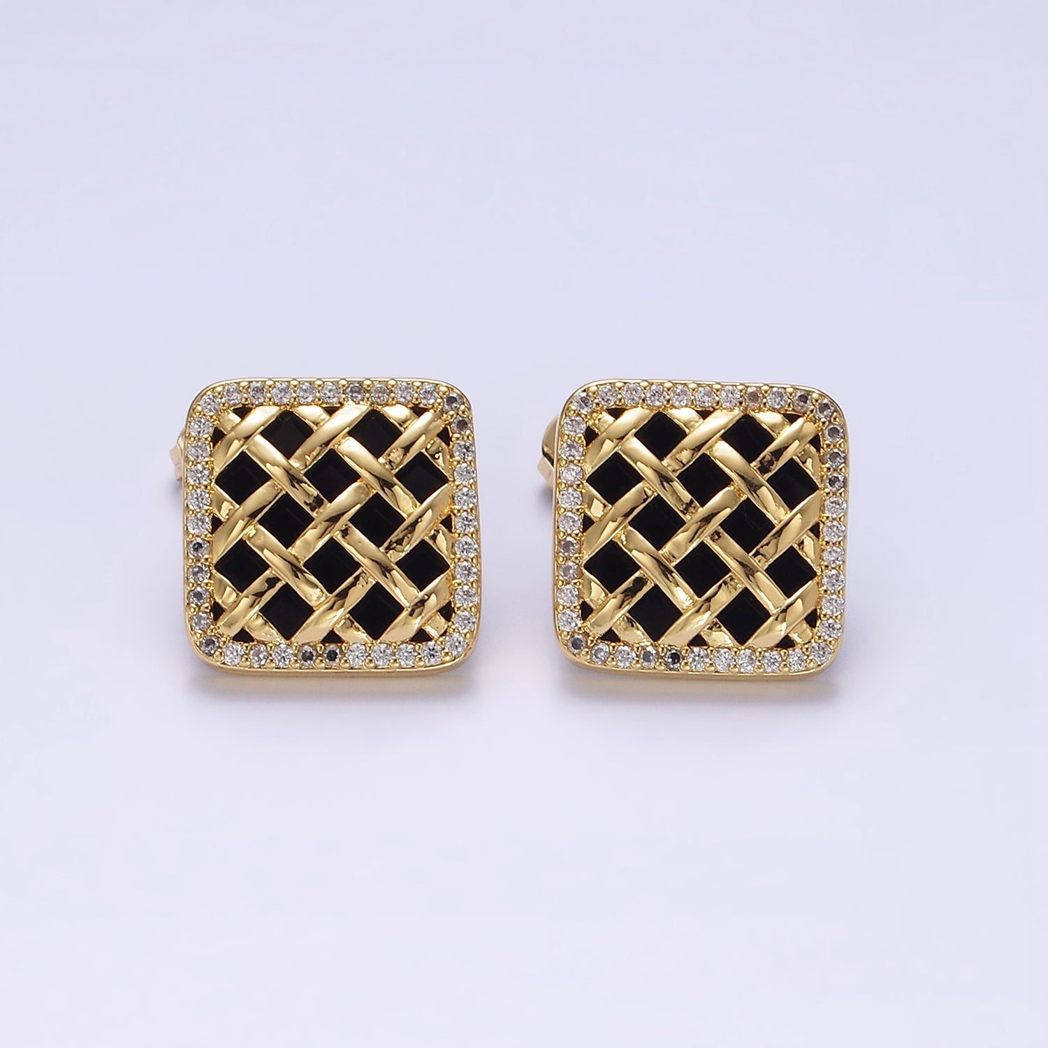 14K Gold Filled Rattan Black Acrylic Micro Paved CZ Rhombus Stud Earrings | AE686 - DLUXCA