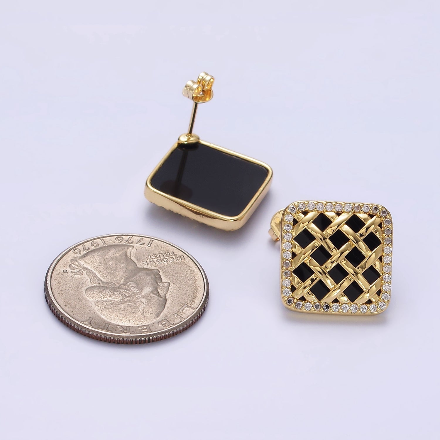 14K Gold Filled Rattan Black Acrylic Micro Paved CZ Rhombus Stud Earrings | AE686 - DLUXCA