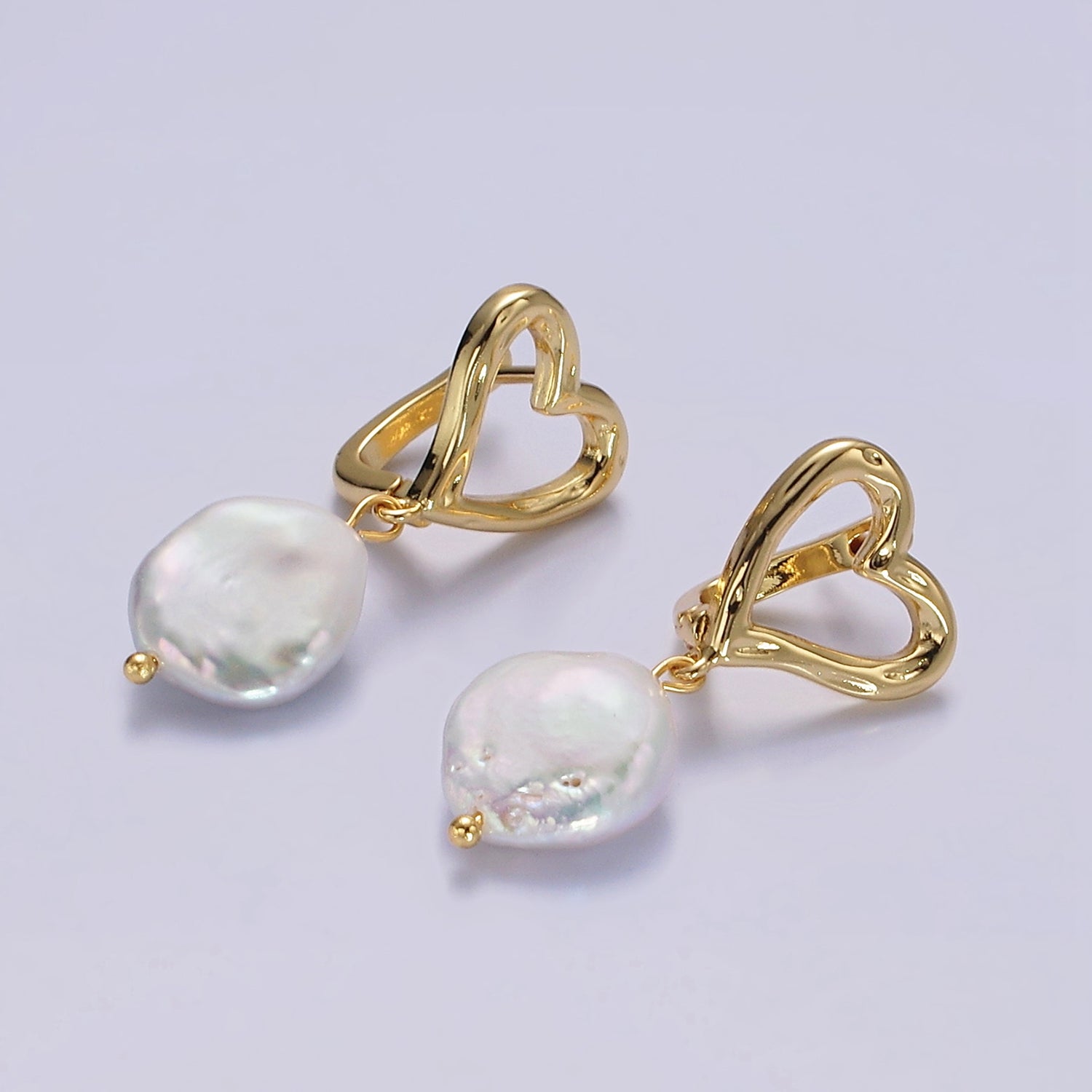 14K Gold Filled Freshwater Pearl Drop Dented Open Heart English Lock Earrings | AE689 - DLUXCA