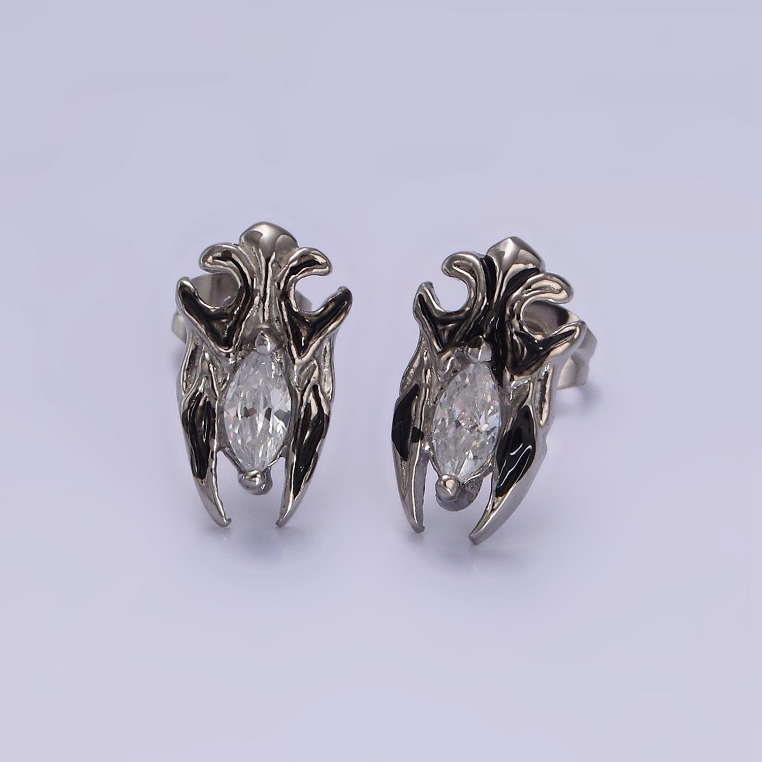 Stainless Steel Clear Marquise CZ Artisan Bat Wings Stud Earrings | AE694 - DLUXCA