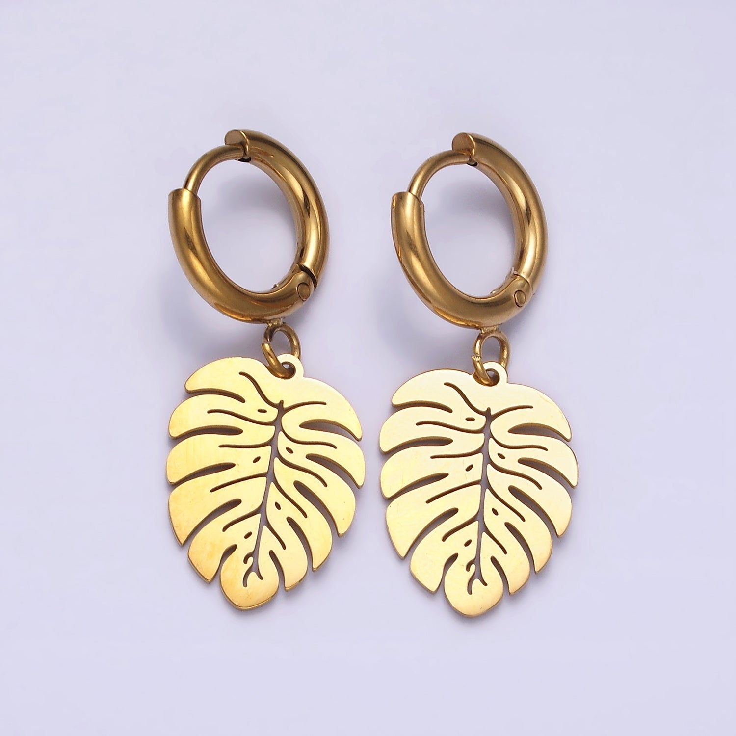 Stainless Steel Monstera Palm Leaf Drop Huggie Earrings | AE705 - DLUXCA