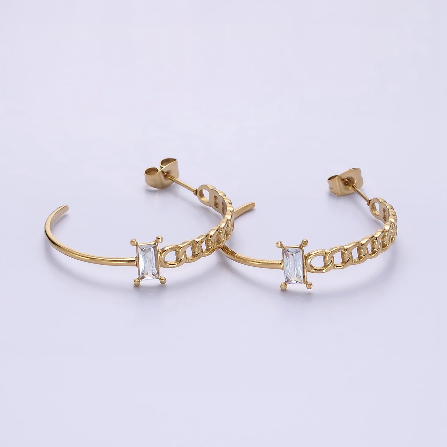 Stainless Steel 30mm Clear Baguette CZ Curb Half Link C-Shaped Hoop Earrings | AE707 - DLUXCA