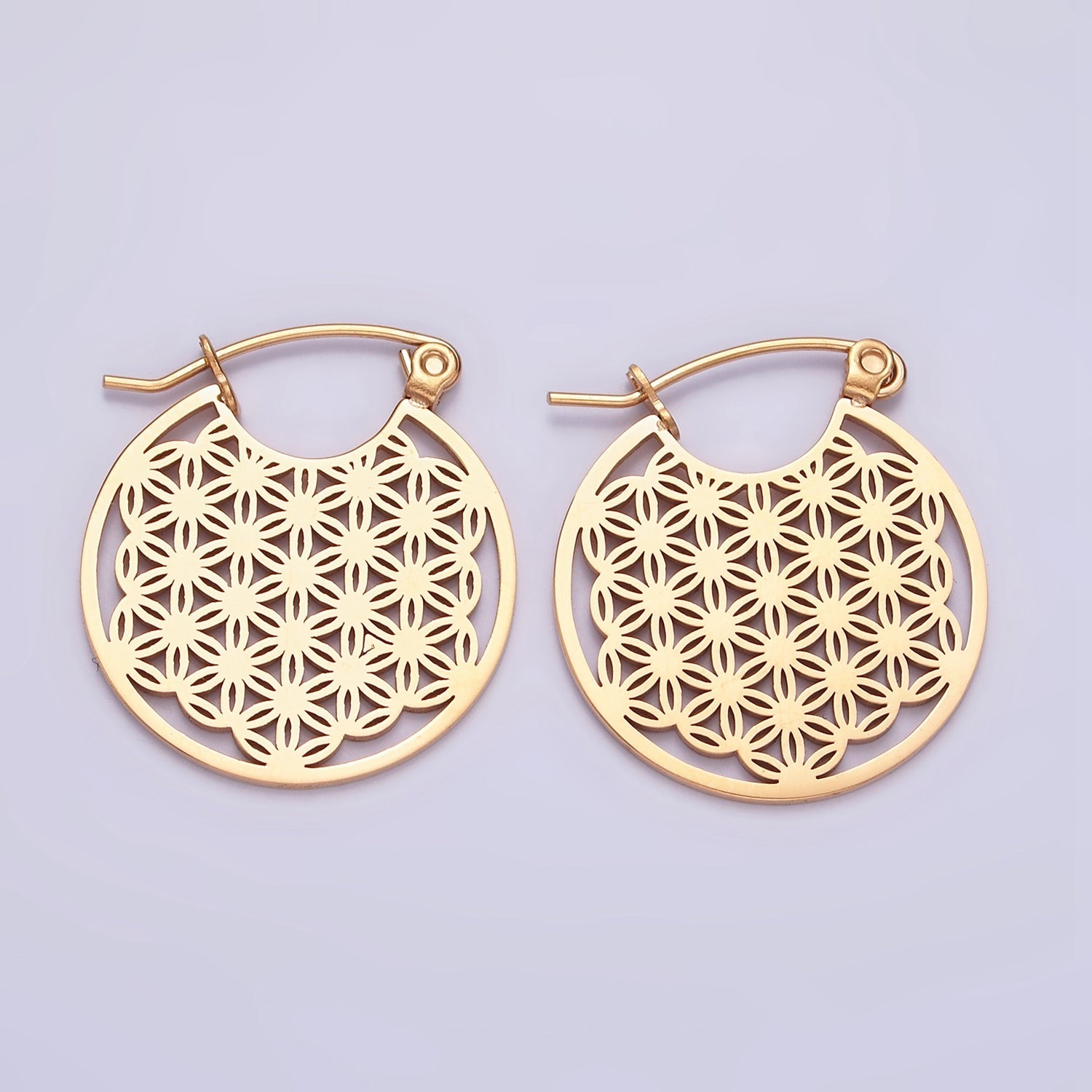 Stainless Steel 20mm Artisan Flower Open Round Latch Hoop Earrings | AE709 AE710 - DLUXCA