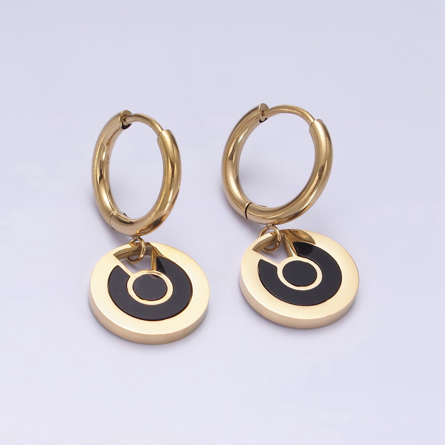 Stainless Steel Black Lined Round Drop Huggie Earrings | AE714 - DLUXCA