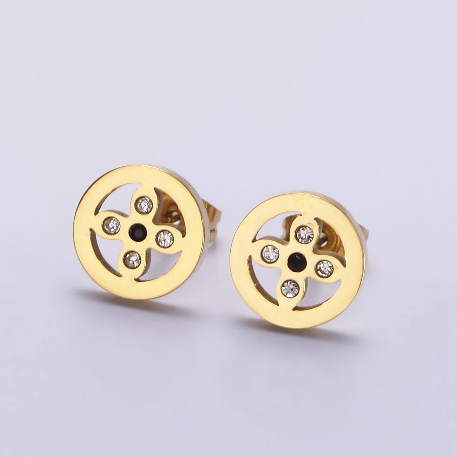 Stainless Steel 10mm Clear CZ Quatrefoil Flower Open Round Stud Earrings | AE730 - DLUXCA