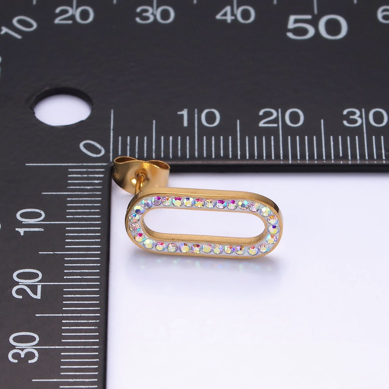 Stainless Steel Oblong Paperclip Link Iridescent CZ Lined Stud Earrings | AE734 - DLUXCA