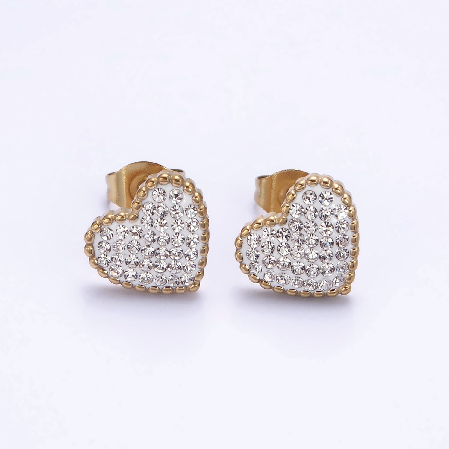 Stainless Steel 9mm Clear Micro Paved CZ White Heart Stud Earrings | AE735 - DLUXCA