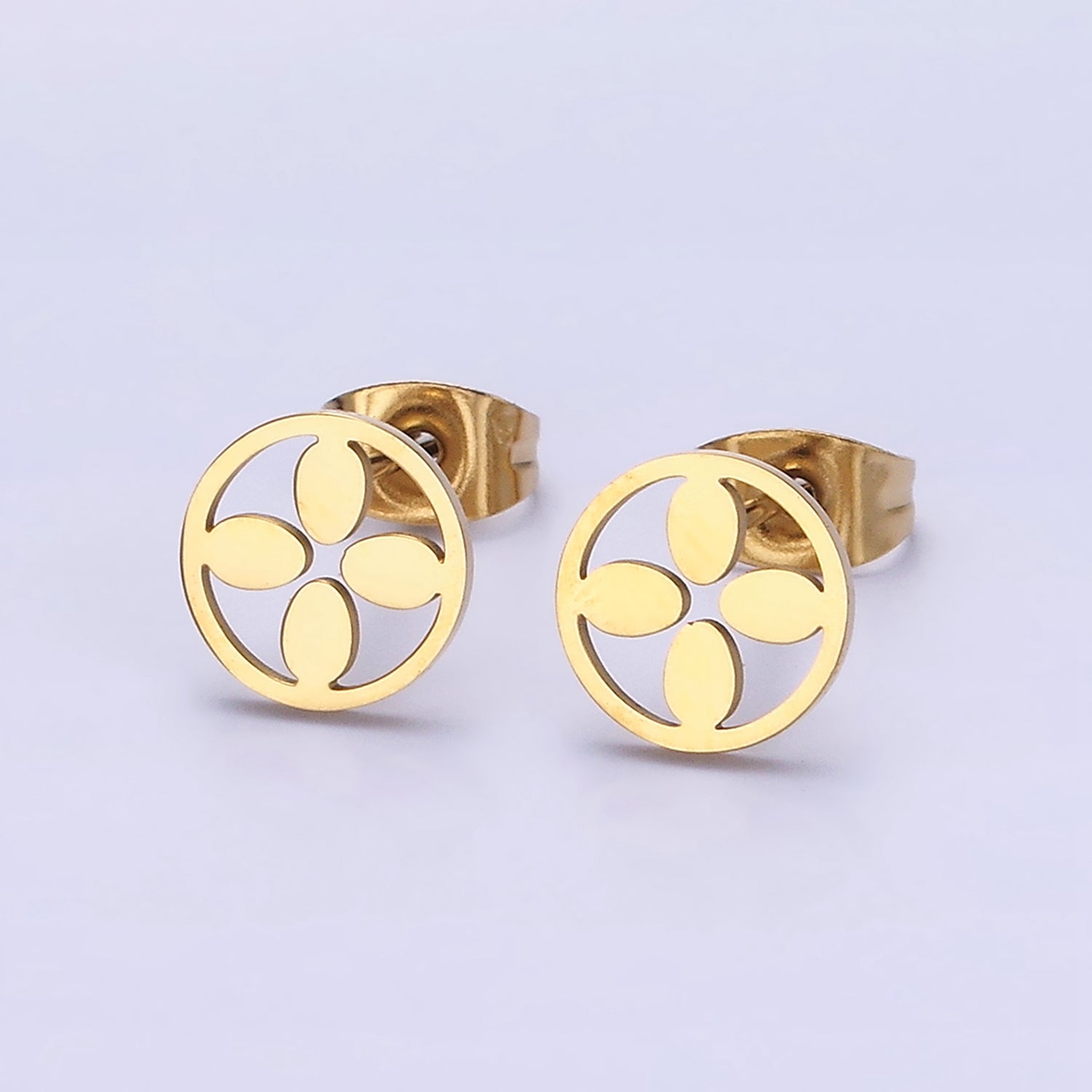 Stainless Steel 9mm Open Flower Quatrefoil Minimalist Round Stud Earrings | AE739 - DLUXCA