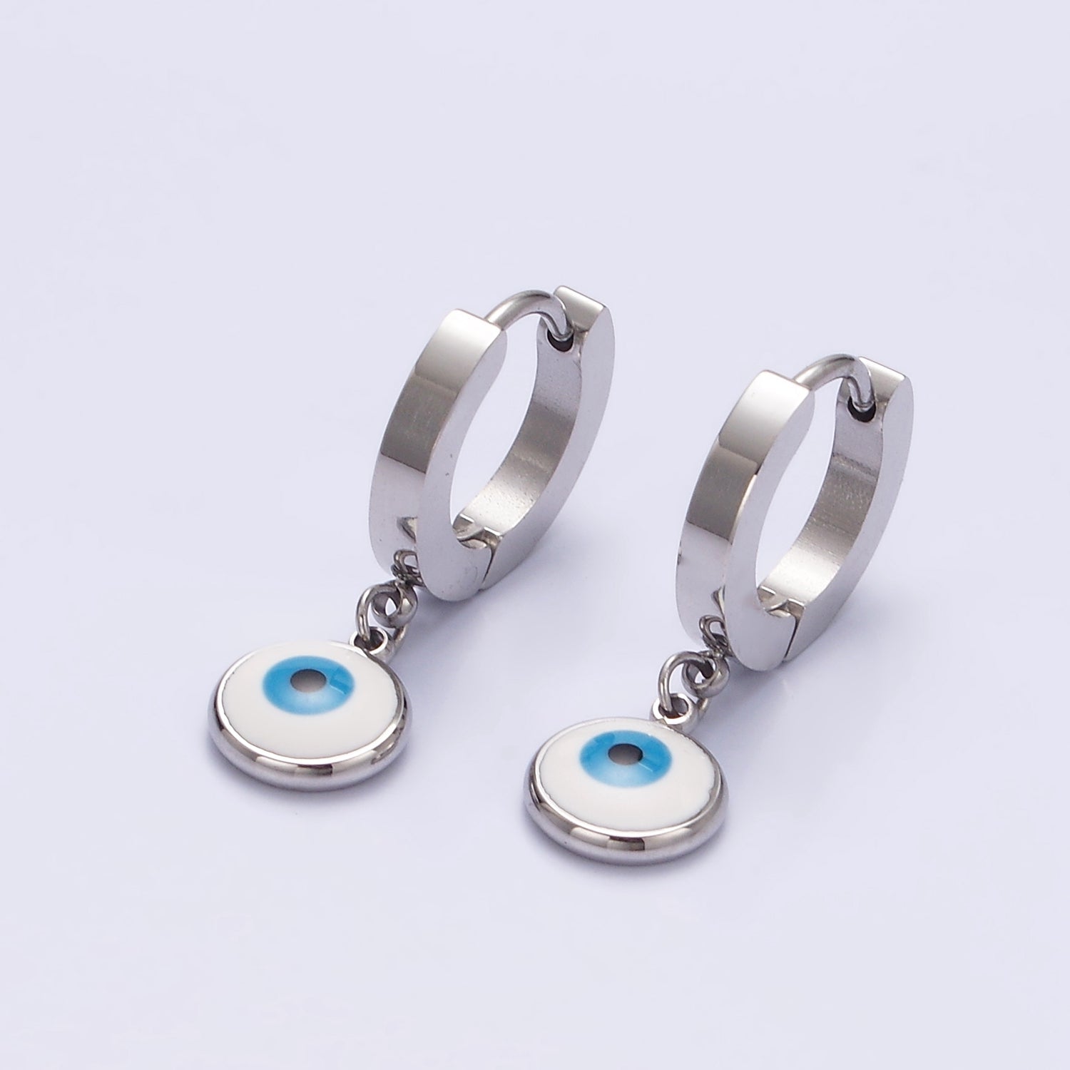 Stainless Steel Evil Eye Enamel Round Drop Huggie Earrings | AE748 - DLUXCA