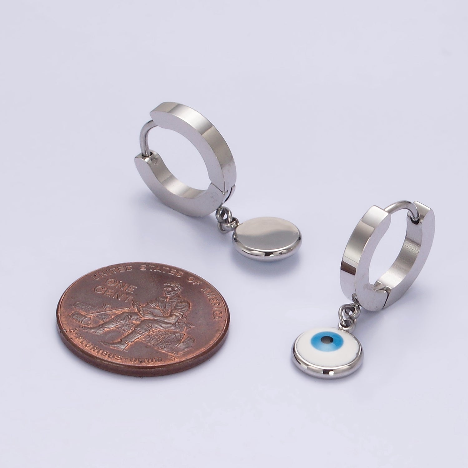 Stainless Steel Evil Eye Enamel Round Drop Huggie Earrings | AE748 - DLUXCA