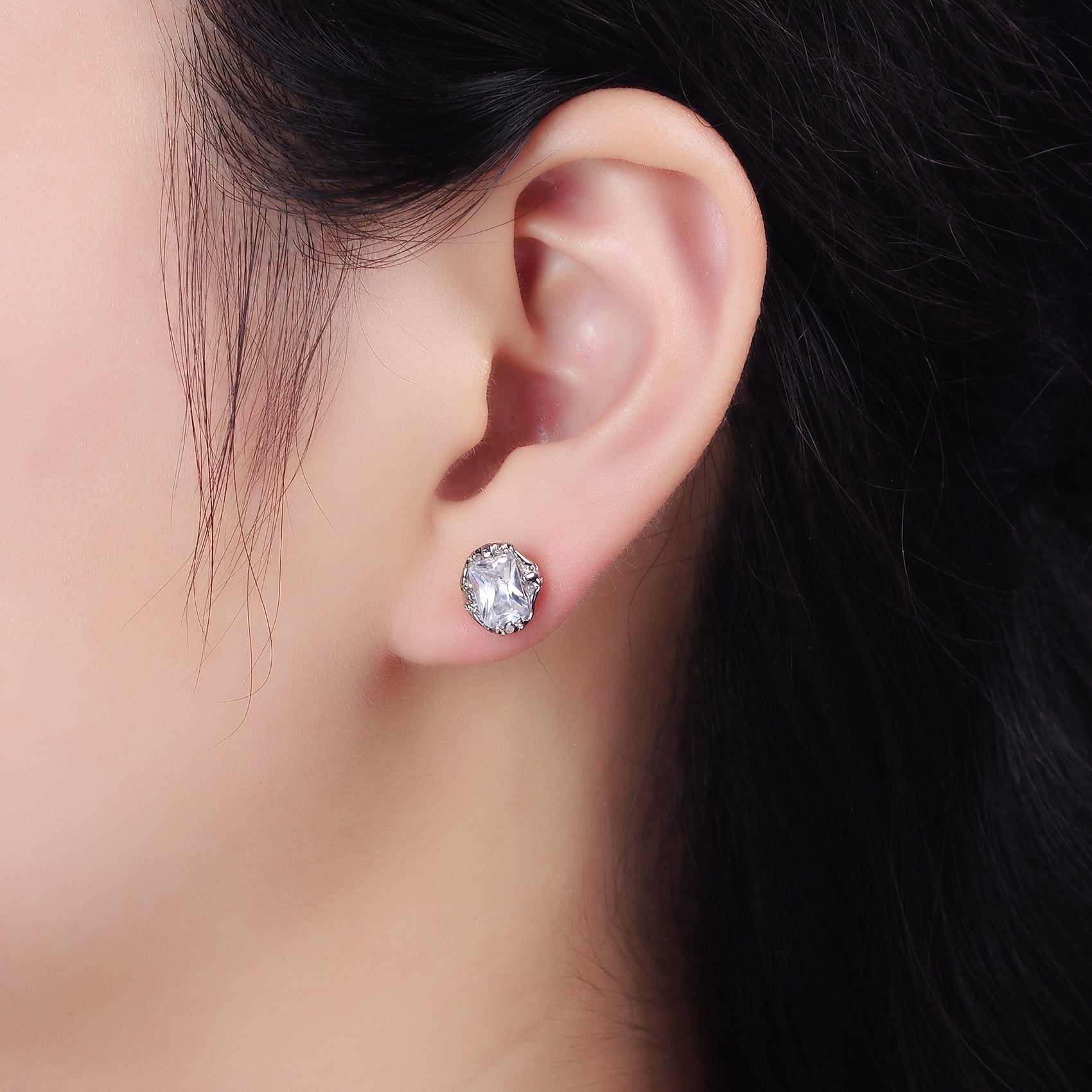 Stainless Steel Clear Baguette CZ Molten Drip Stud Earrings | AE755 - DLUXCA