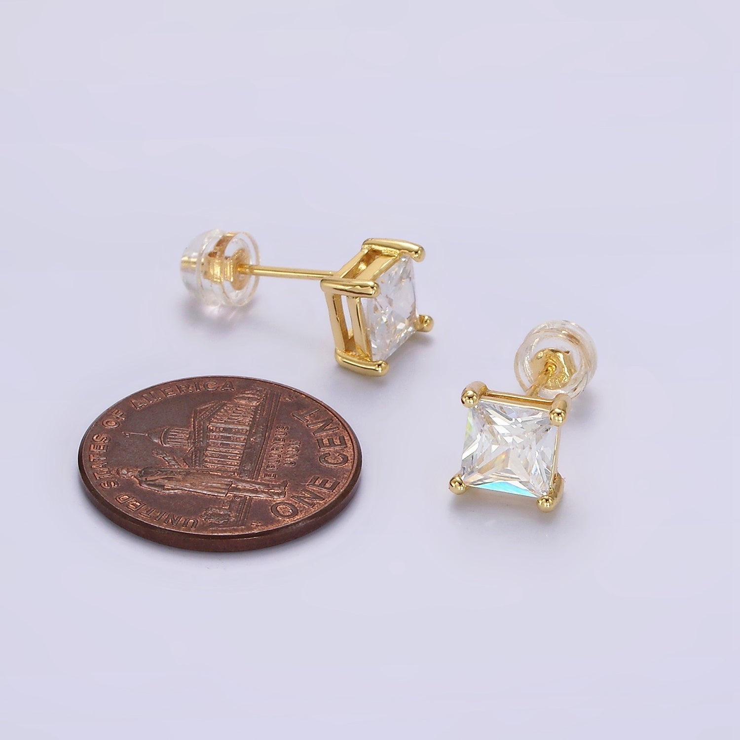 14K Gold Filled 8mm, 6mm Clear CZ Square Bezel Stud Earrings | AE763 AE764 - DLUXCA