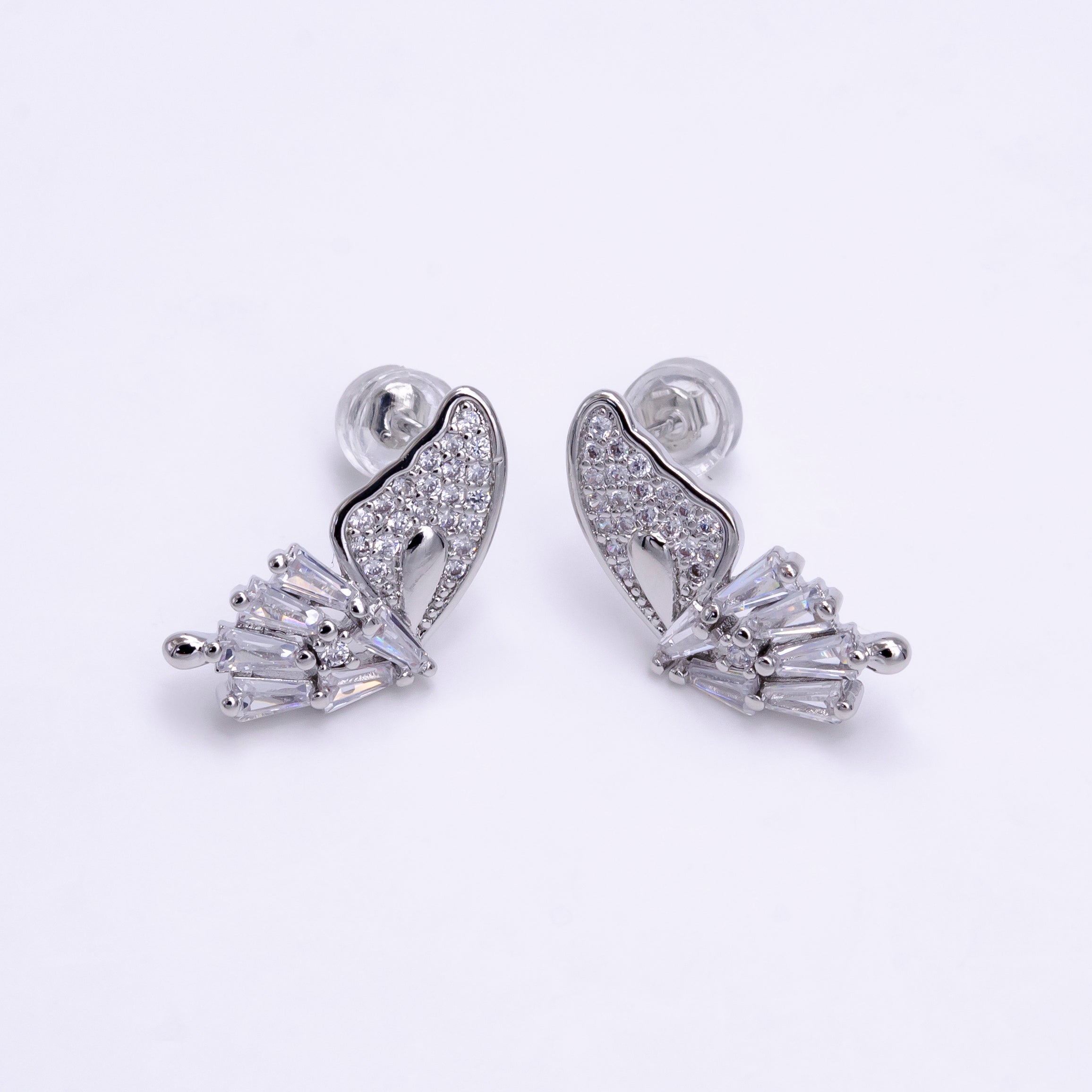 Micro Pave Clear CZ Butterfly Mariposa Baguette Silver Stud Earrings |  AE-765 - DLUXCA