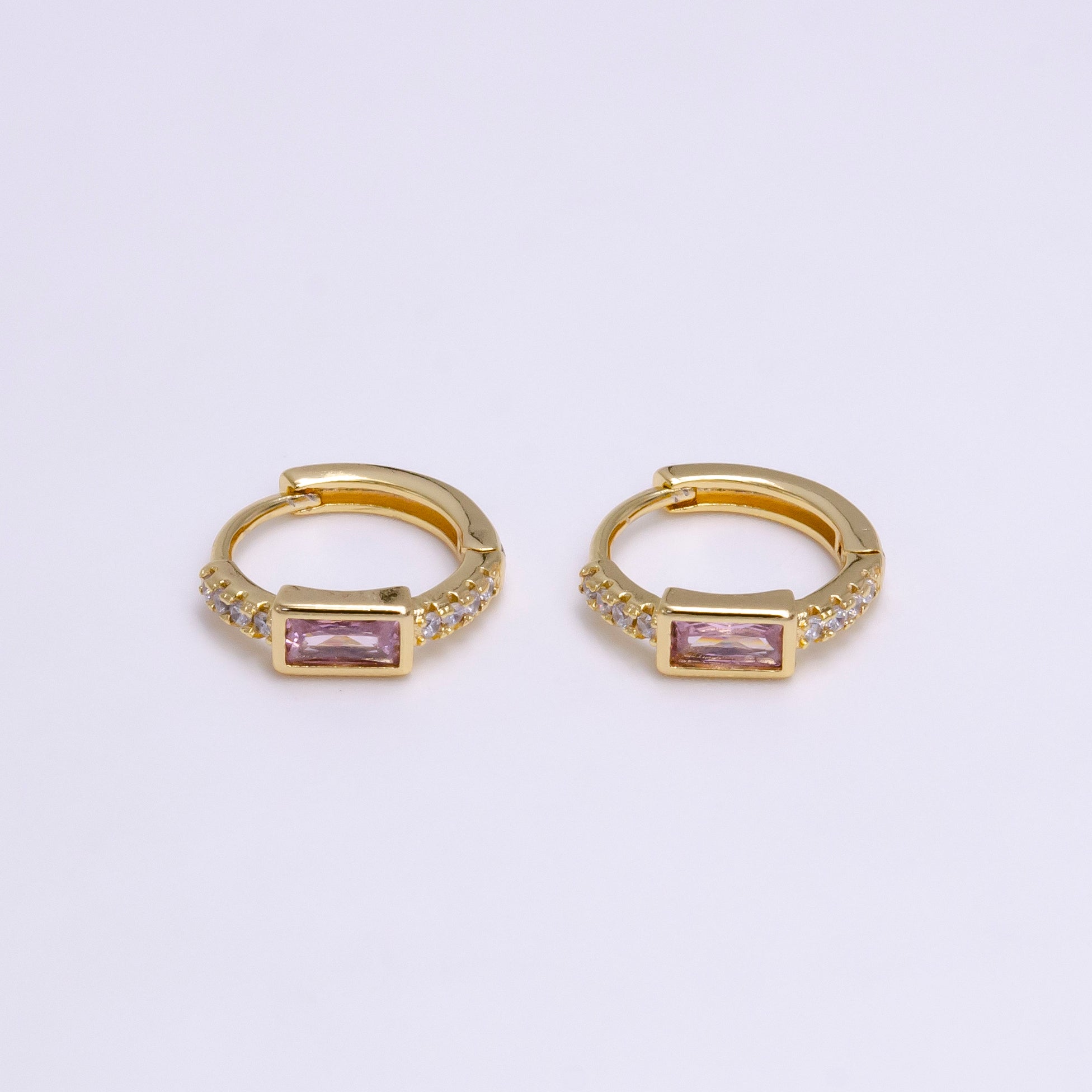 16K Gold Filled Pink Baguette Micro Paved 12.5mm Thin Cartilage Earrings in Silver & Gold | AB1545 AE772 - DLUXCA