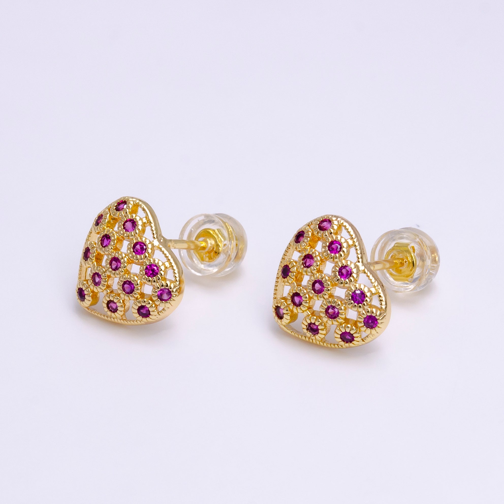 16K Gold Filled Fuchsia CZ Open Heart 10mm Stud Earrings in Gold & Silver | AE781 AE792