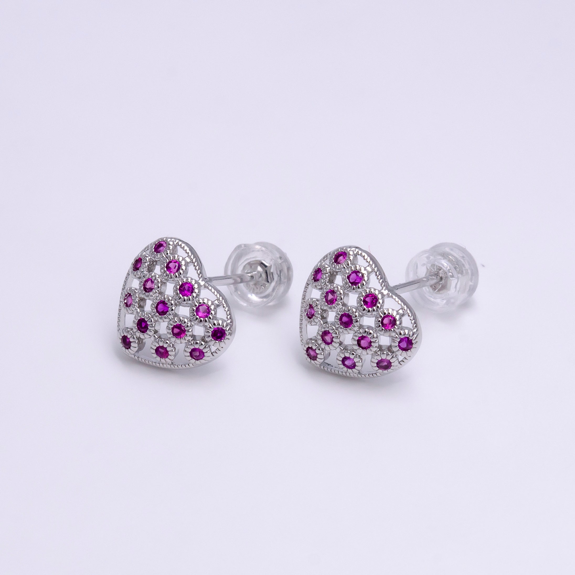 16K Gold Filled Fuchsia CZ Open Heart 10mm Stud Earrings in Gold & Silver | AE781 AE792 - DLUXCA