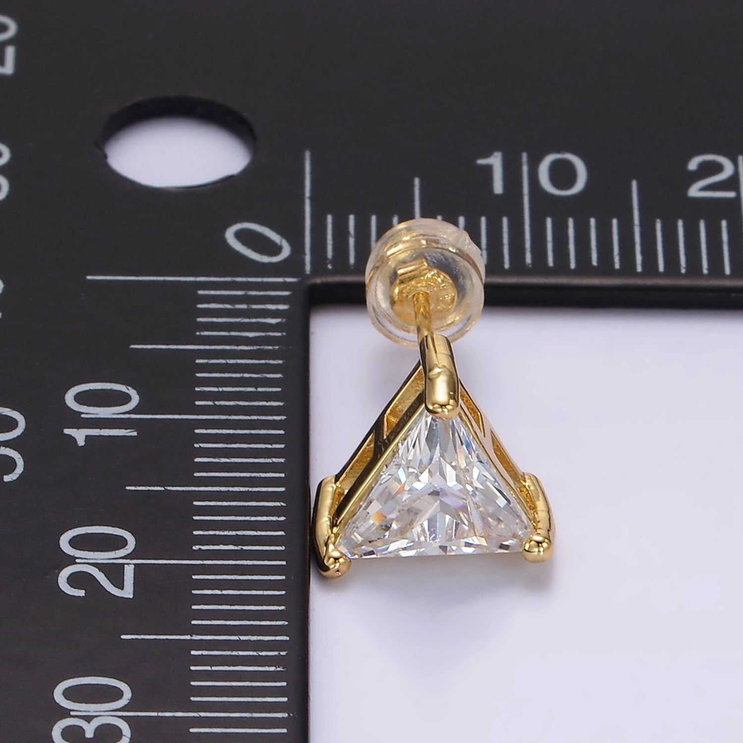 14K Gold Filled 7.5mm, 9.5mm Clear CZ Triangle Bezel Stud Earrings | AE787 AE788 - DLUXCA