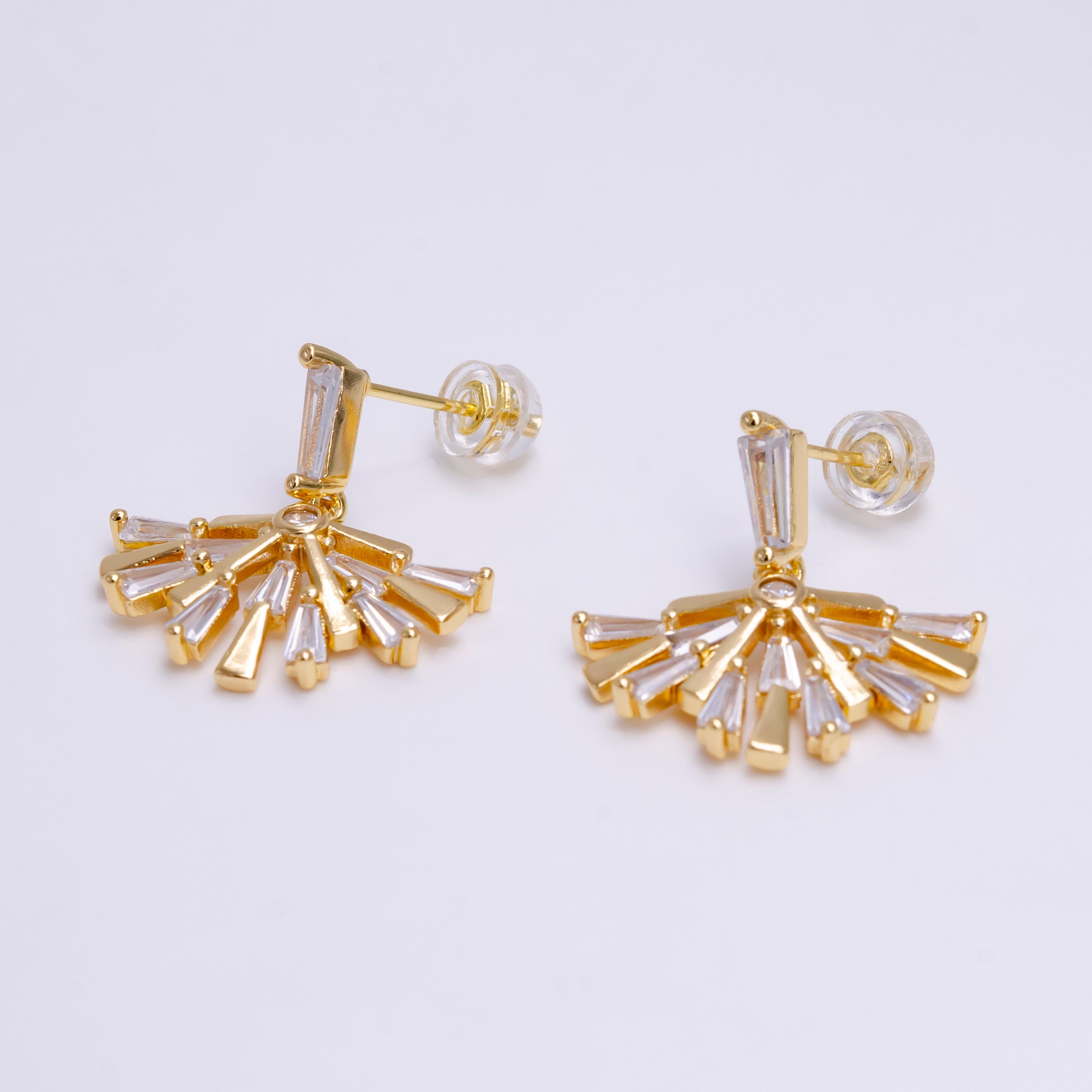 16K Gold Filled Baguette Fan Drop Dangle Clear Stud Earrings in Gold & Silver | AE789 AE790 - DLUXCA