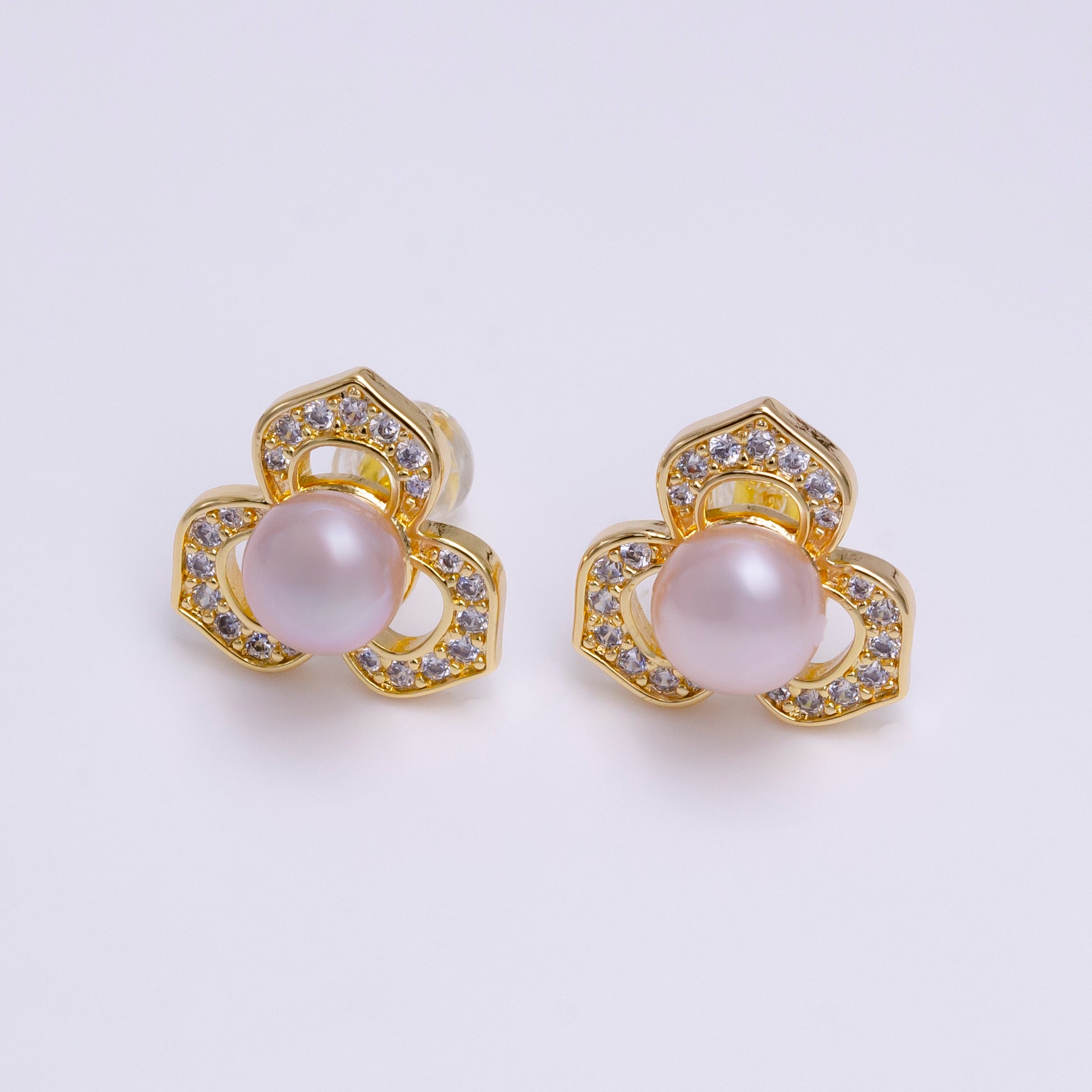 16K Gold Filled White, Pink Pearl Open Clear Micro Paved CZ Flower Stud Earrings | AE795 AE796