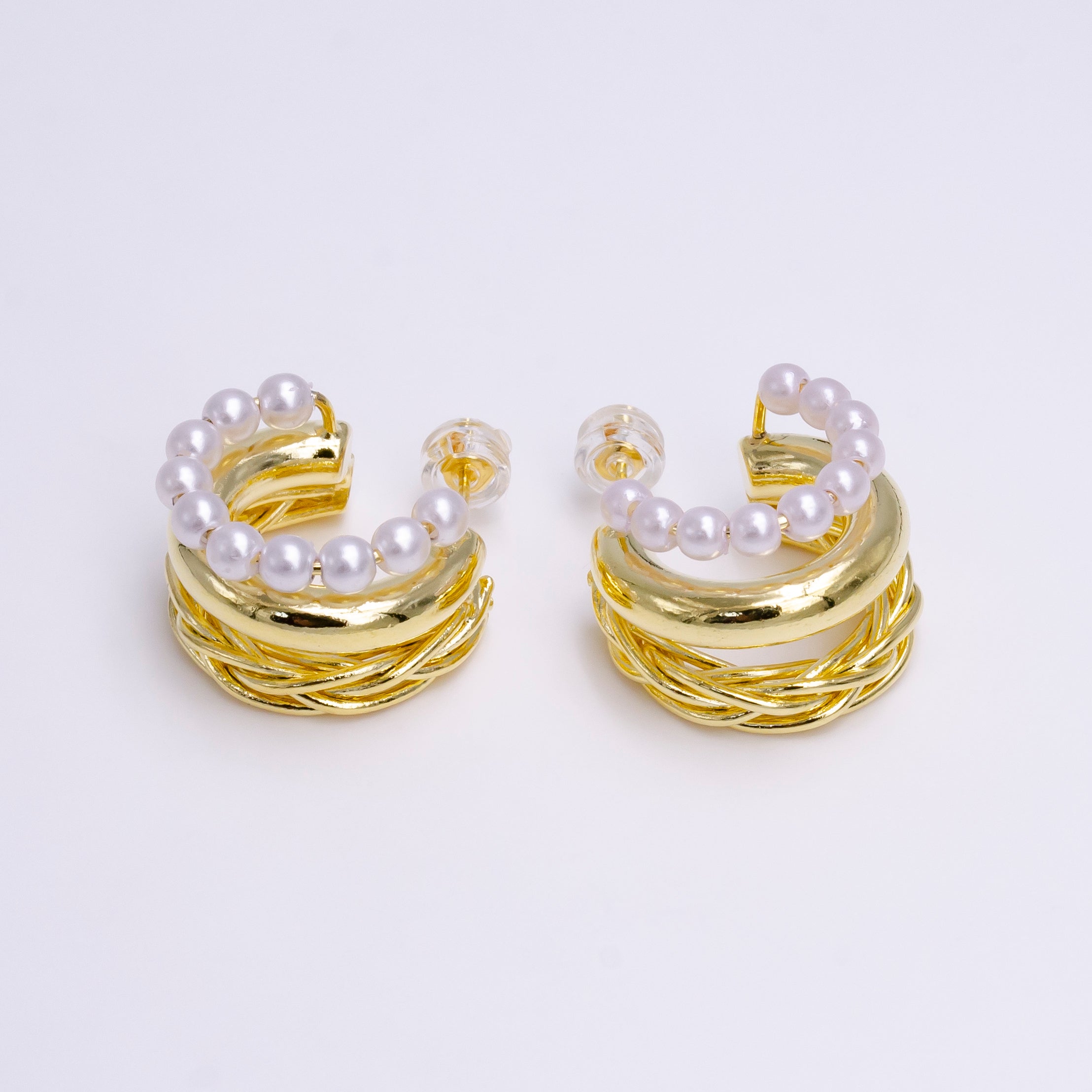 14K Gold Filled Triple Twisted Pearl 20mm C-Shaped Hoop Earrings in Gold & Silver | AE797 AE798