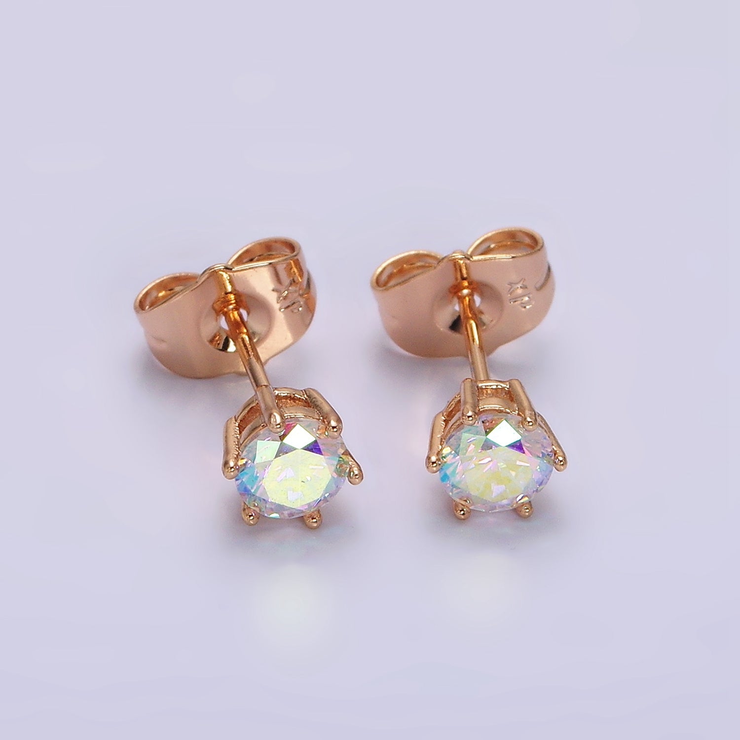 16K Gold Filled 6mm Round Iridescent AB CZ Stud Earrings | AB816 - DLUXCA