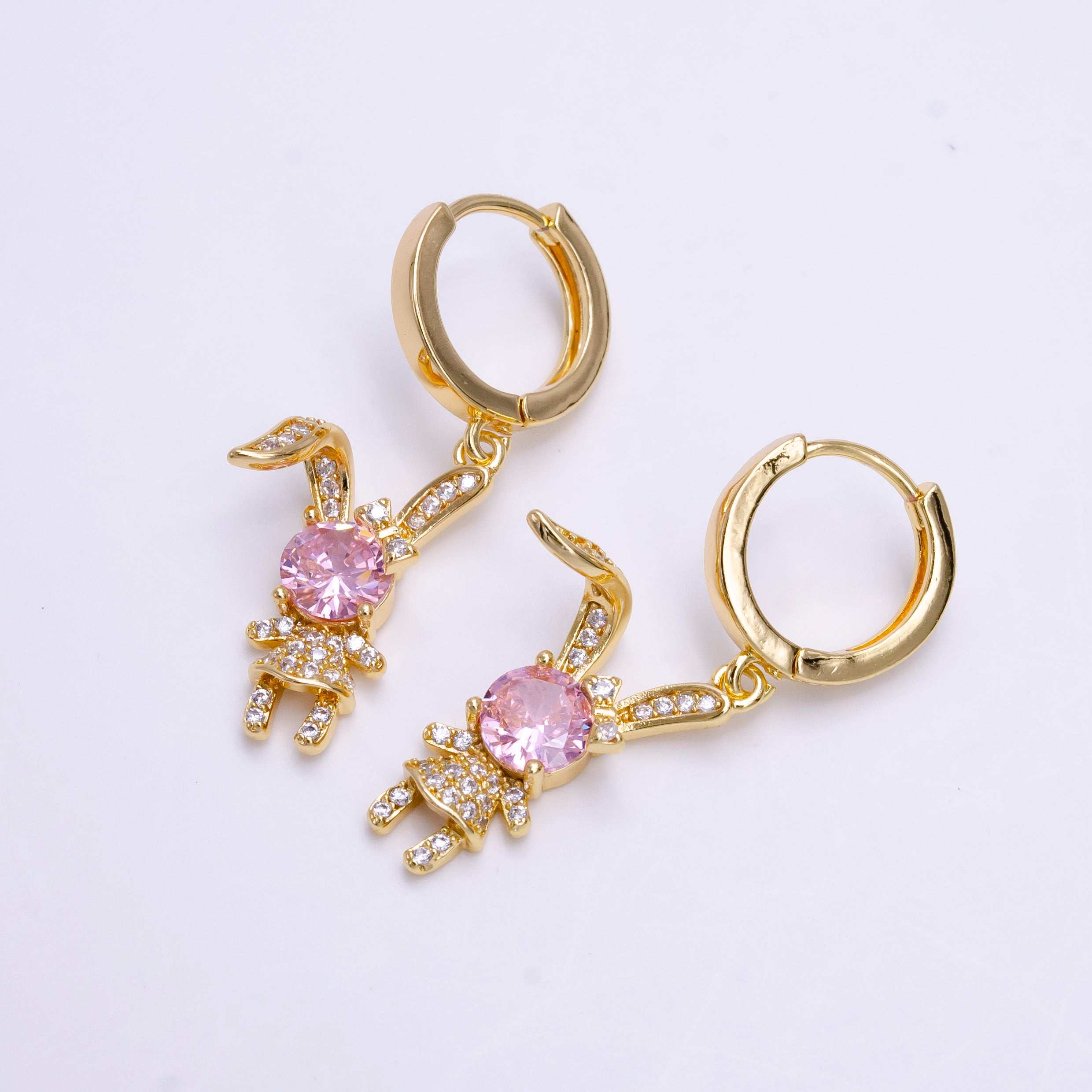 16K Gold Filled Bunny Rabbit Clear, Pink CZ Micro Paved Drop Huggie Earrings in Gold & Silver | AD1227 AE822 - AE824