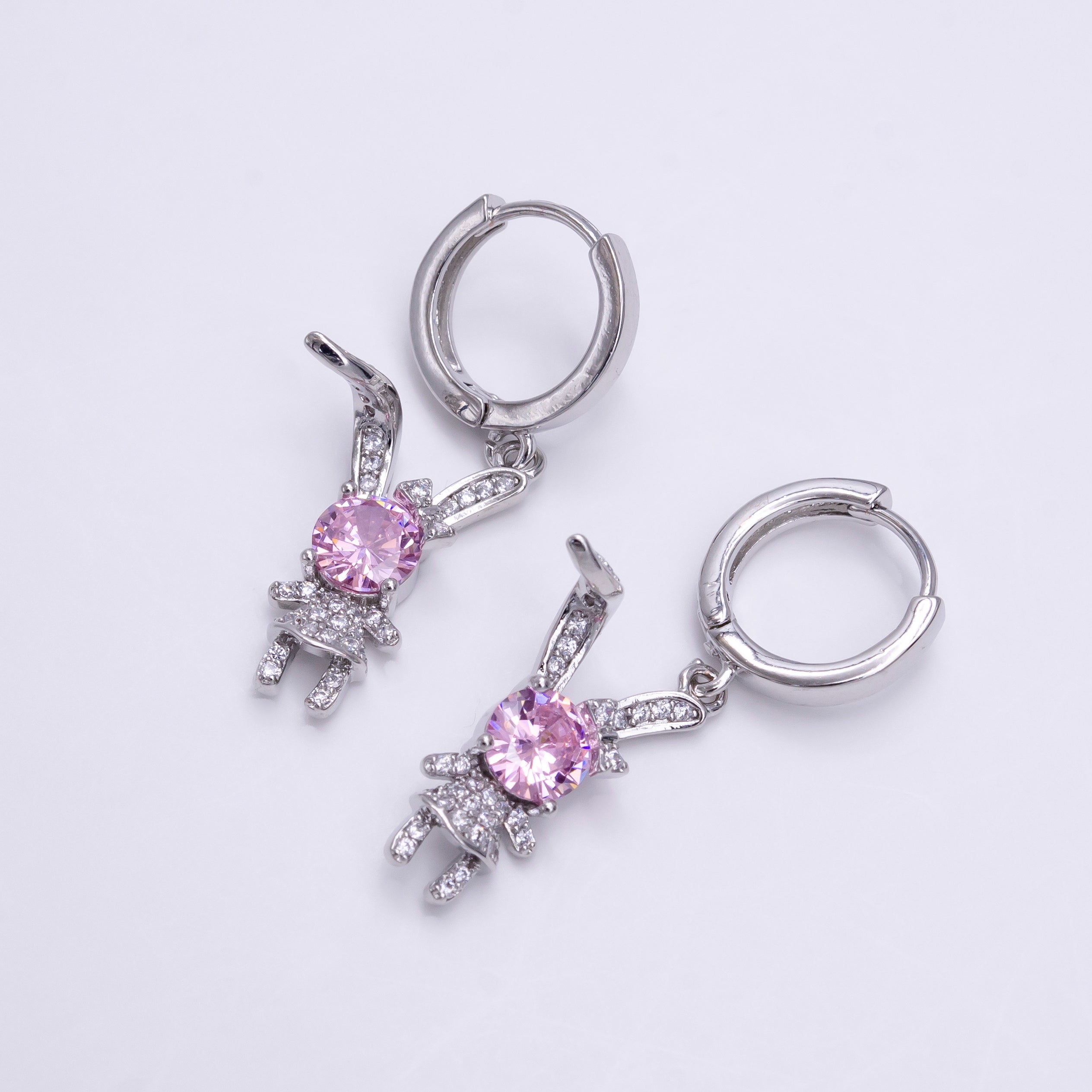 16K Gold Filled Bunny Rabbit Clear, Pink CZ Micro Paved Drop Huggie Earrings in Gold & Silver | AD1227 AE822 - AE824 - DLUXCA