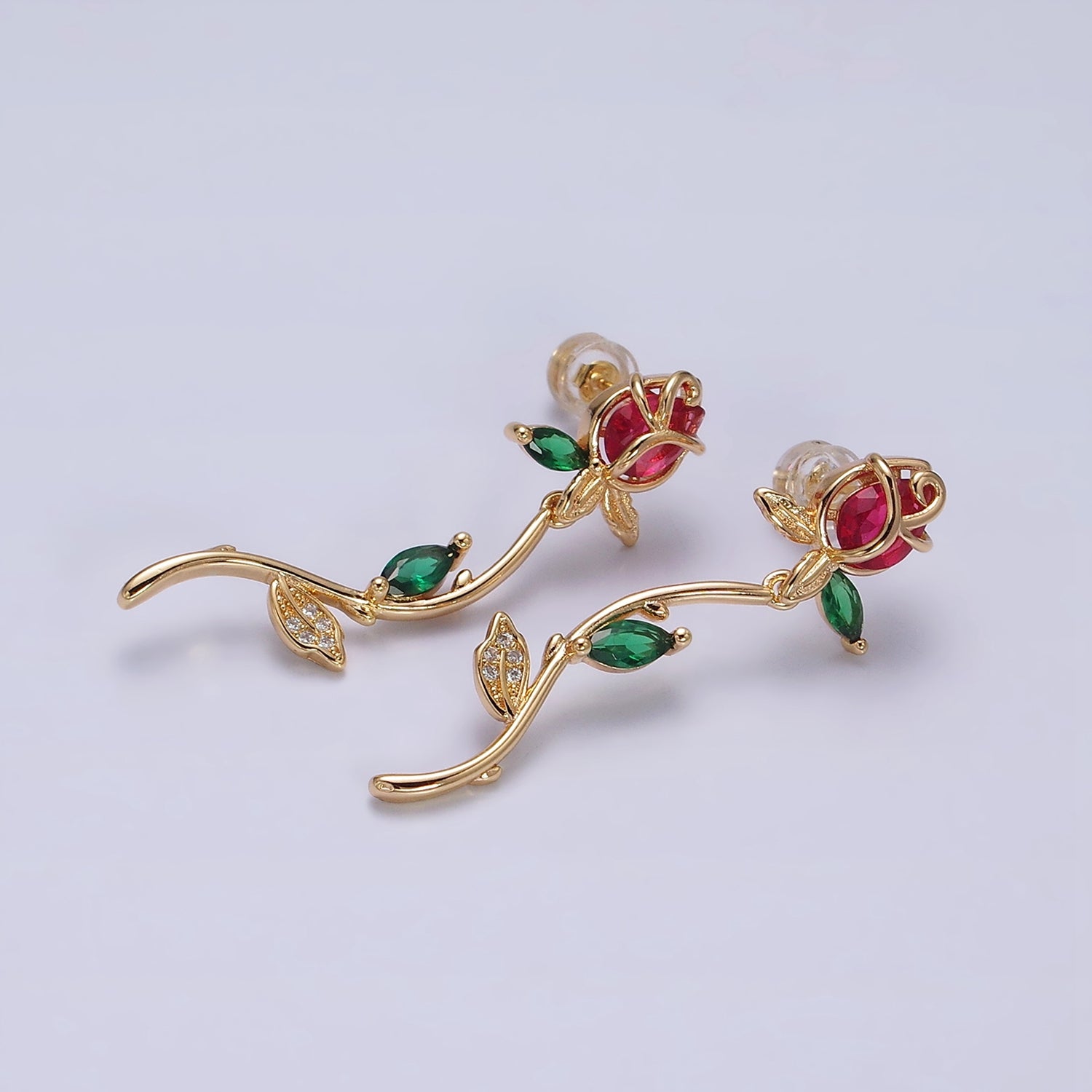 16K Gold Filled Red, Pink Rose Flower Green Marquise CZ Gold Stud Earrings | AE825 AE826