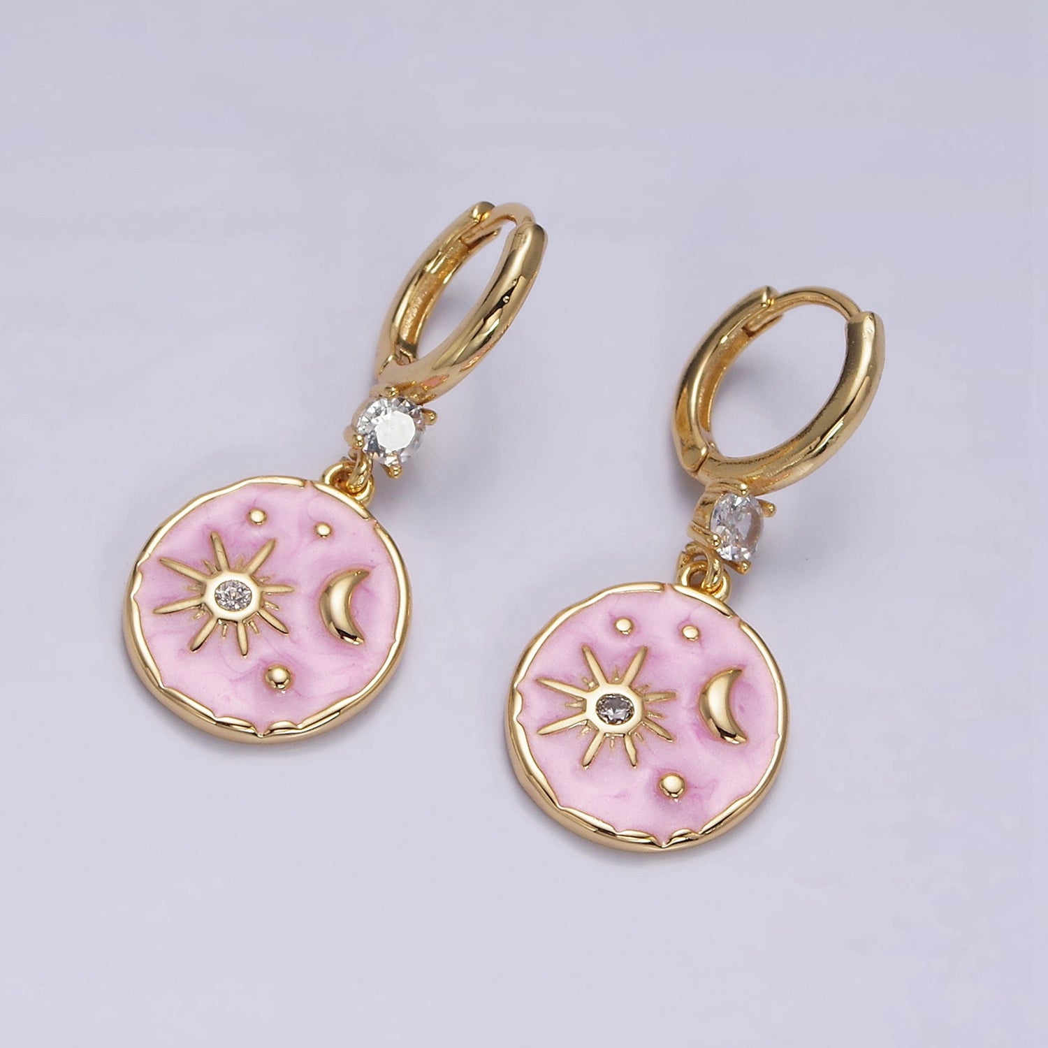 16K Gold Filled Celestial Sun Star Crescent Moon White, Blue, Pink Sparkly Enamel Round Stamped CZ Drop Huggie Earrings | AE831 - AE833 - DLUXCA