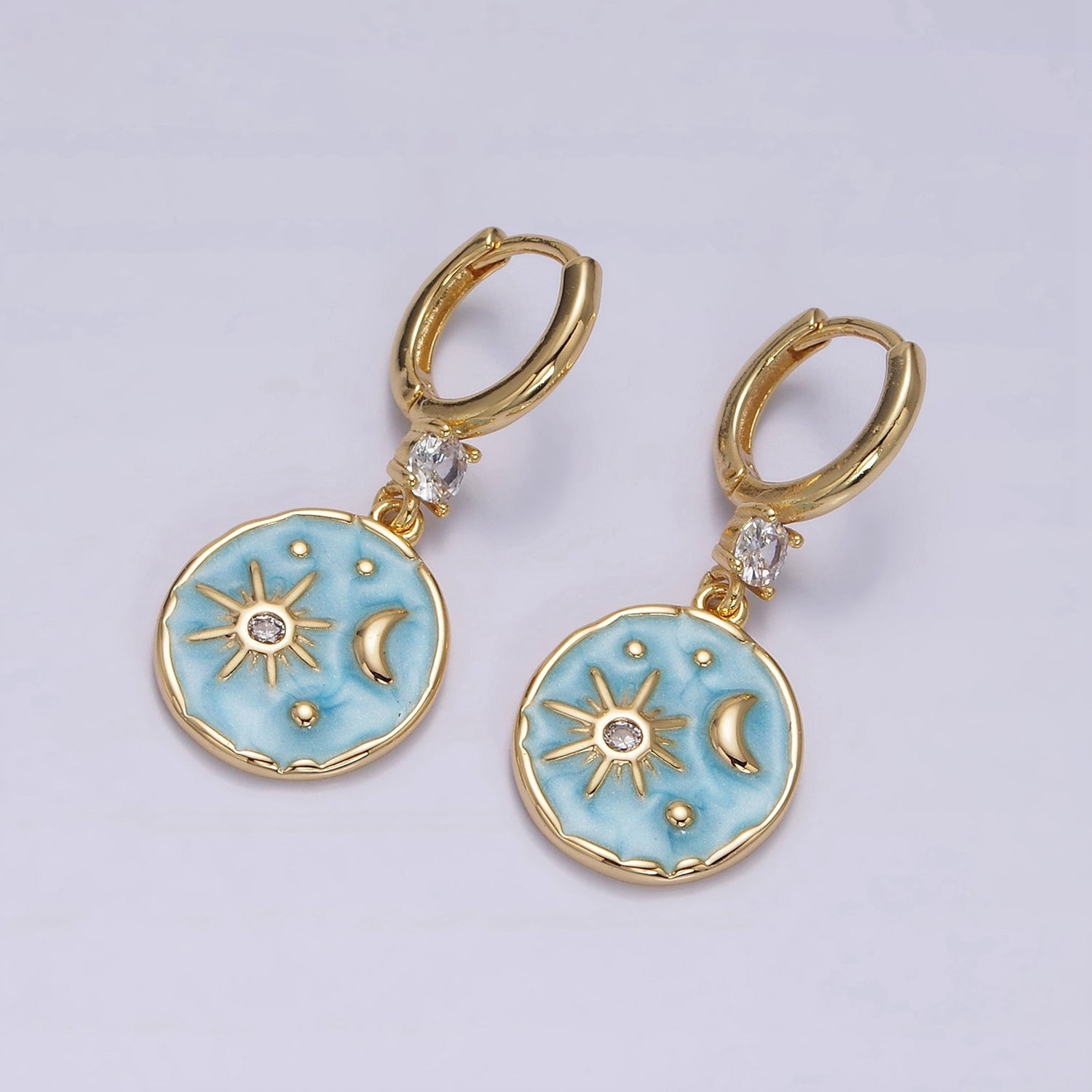 16K Gold Filled Celestial Sun Star Crescent Moon White, Blue, Pink Sparkly Enamel Round Stamped CZ Drop Huggie Earrings | AE831 - AE833