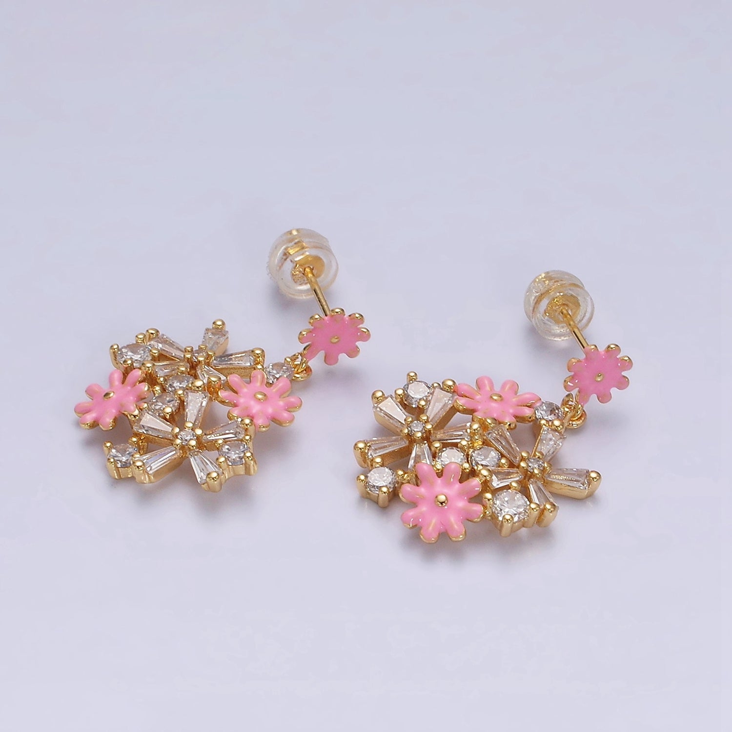 16K Gold Filled Pink, White Enamel Flower Baguette Drop Stud Earrings in Gold & Sliver | AE334 - AE460 - DLUXCA