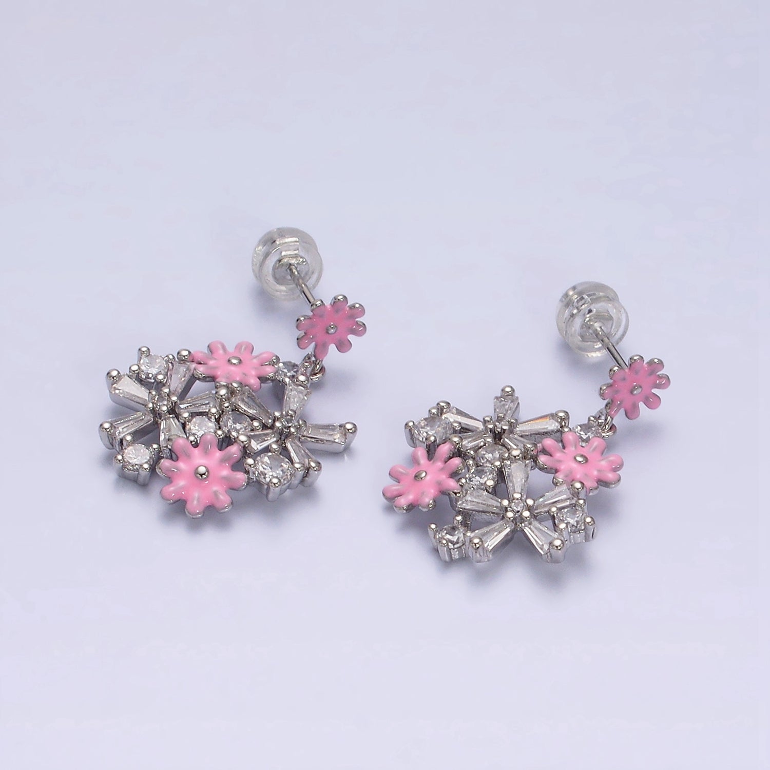 16K Gold Filled Pink, White Enamel Flower Baguette Drop Stud Earrings in Gold & Sliver | AE334 - AE460 - DLUXCA