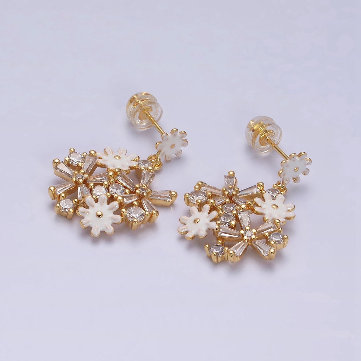 16K Gold Filled Pink, White Enamel Flower Baguette Drop Stud Earrings in Gold & Sliver | AE334 - AE460 - DLUXCA