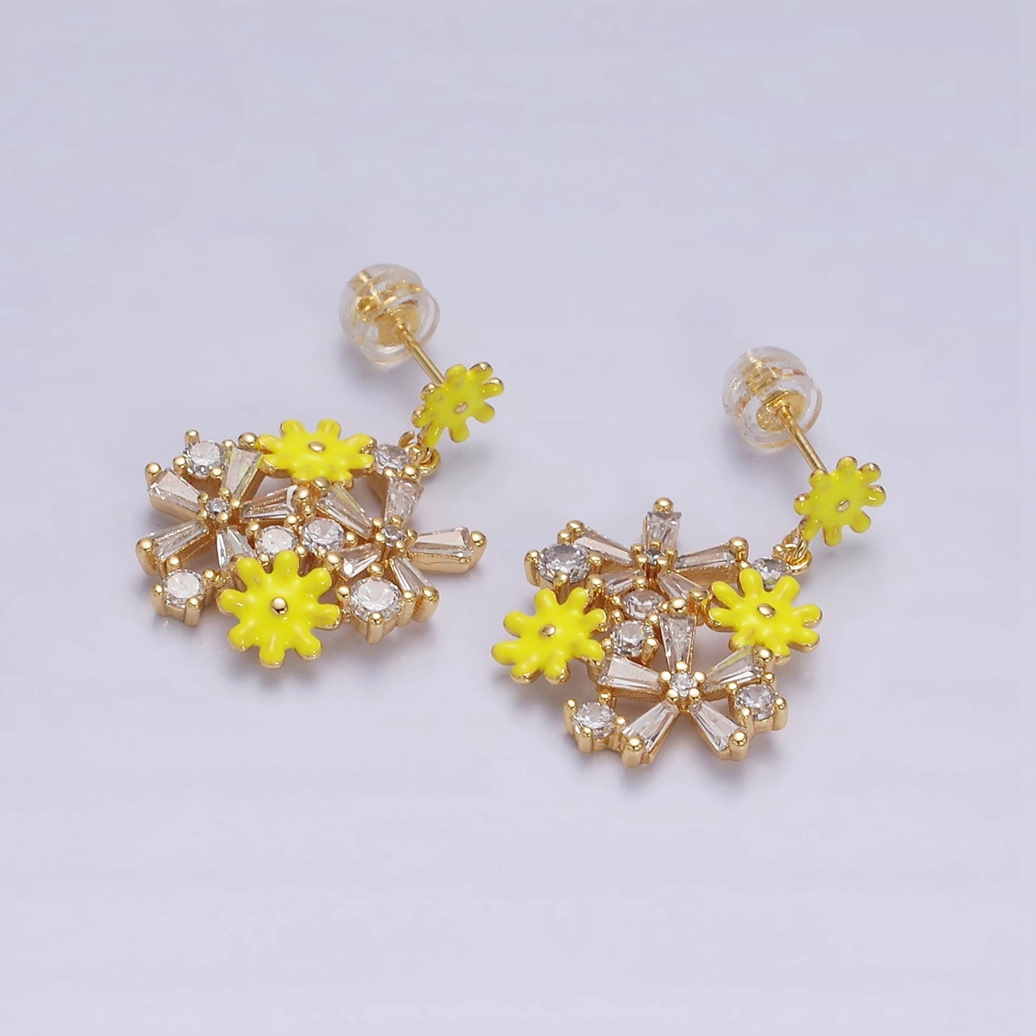 16K Gold Filled Pink, White Enamel Flower Baguette Drop Stud Earrings in Gold & Sliver | AE334 - AE460 - DLUXCA