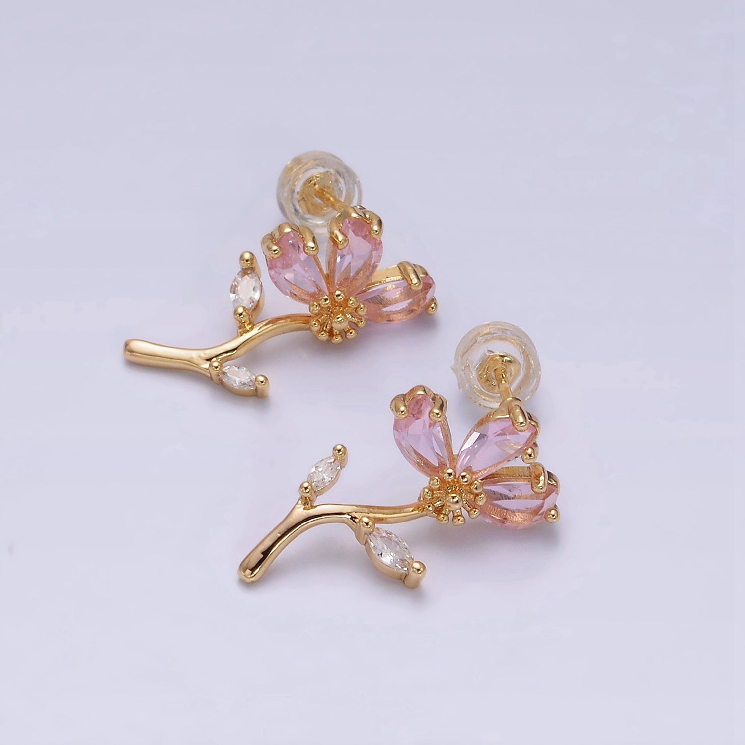 16K Gold Filled Pink Teardrop Flower Marquise Leaf Stud Earrings in Gold & Silver | AE840 AE841 - DLUXCA