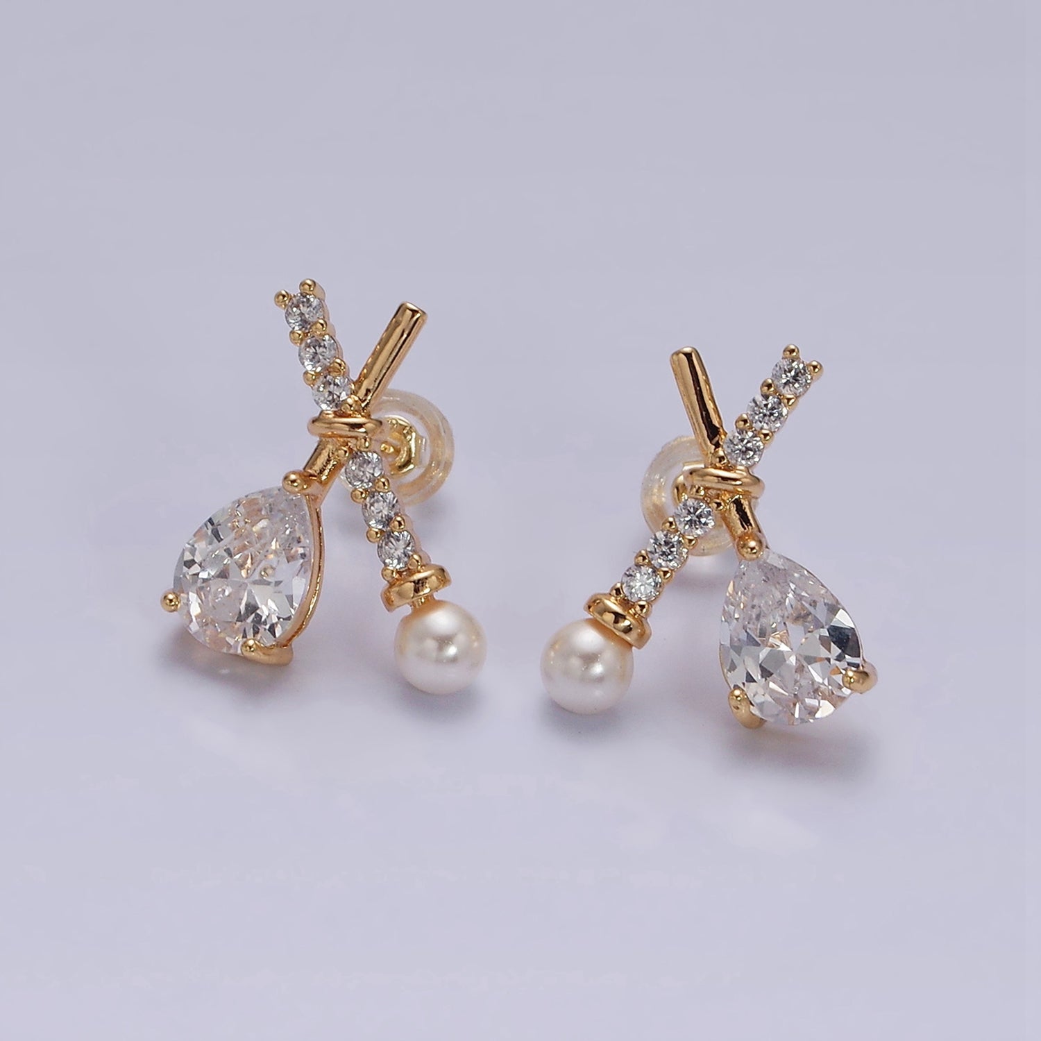 16K Gold Filled Clear CZ Micro Paved X Claw Double Band Stud Earrings | AB342 - DLUXCA