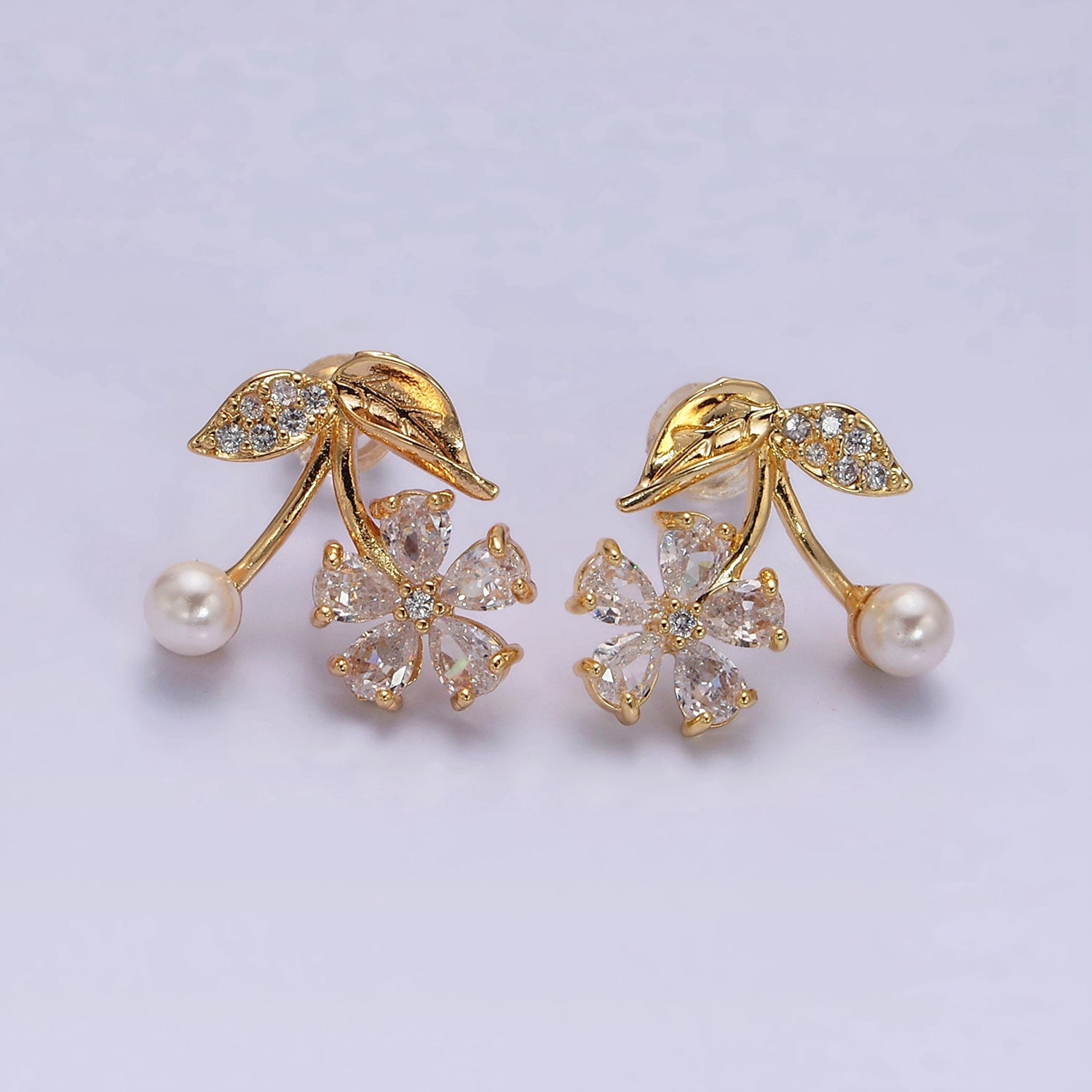 16K Gold Filled Micro Paved Flower Clear Teardrop CZ Pearl Cherry Stud Earrings | AE843 - DLUXCA