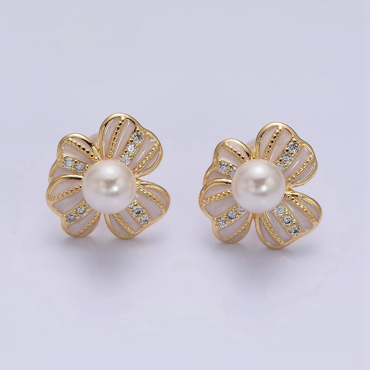 16K Gold Filled Pearl Ribbon Flower White Enamel Micro Paved CZ Stud Earrings in Gold & Silver | AE844 AE845 - DLUXCA