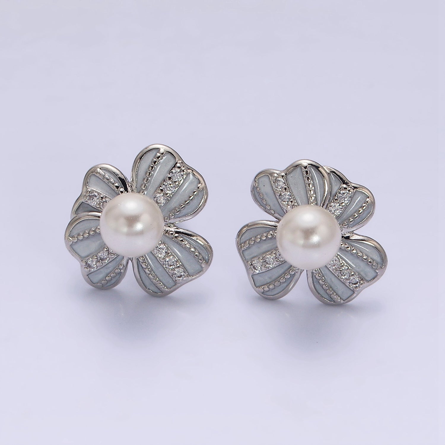 16K Gold Filled Pearl Ribbon Flower White Enamel Micro Paved CZ Stud Earrings in Gold & Silver | AE844 AE845