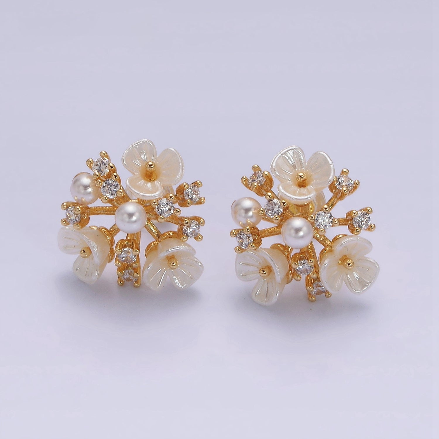 16K Gold Filled Pearl White Acrylic Flower Multiple Band Branch Clear CZ Stud Earrings in Gold & Silver | AE846 AE847 - DLUXCA