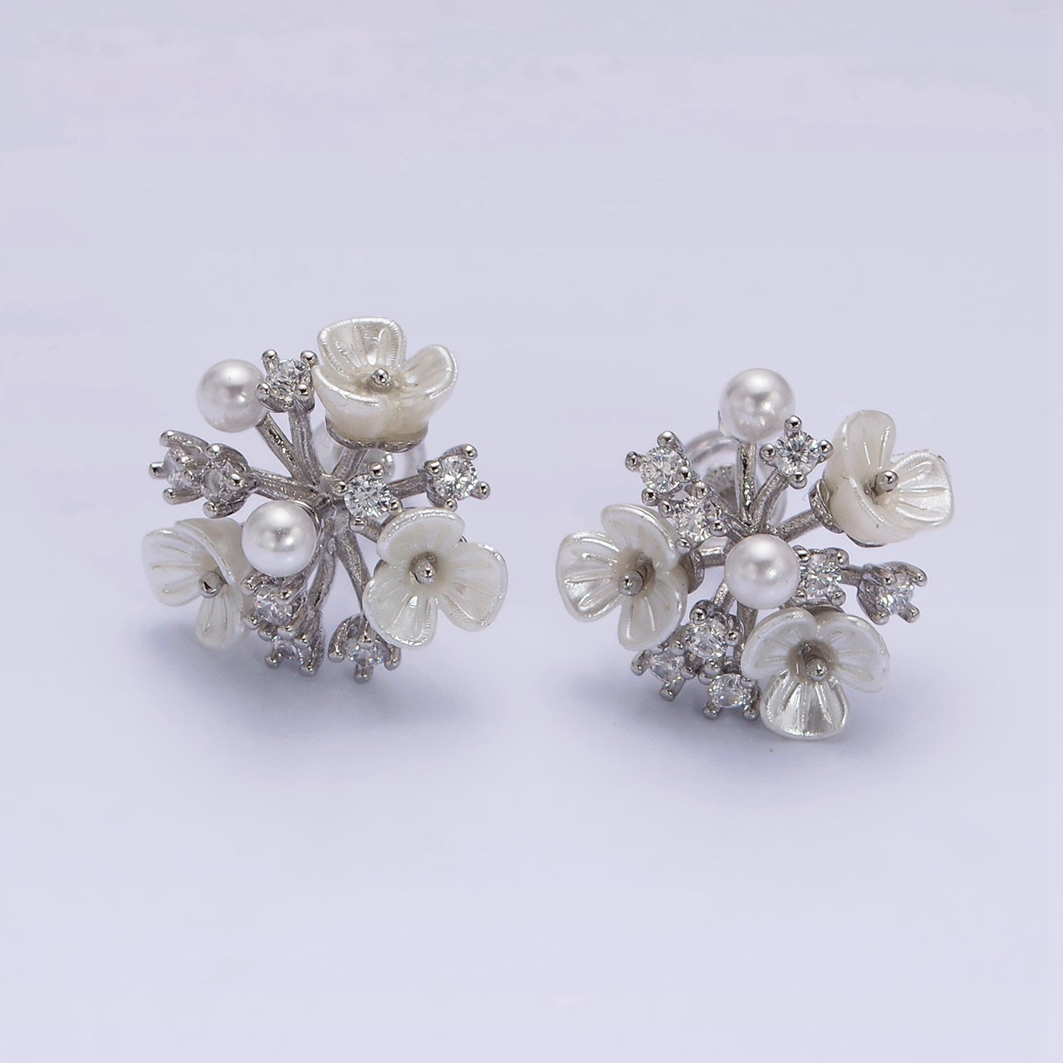 16K Gold Filled Pearl White Acrylic Flower Multiple Band Branch Clear CZ Stud Earrings in Gold & Silver | AE846 AE847