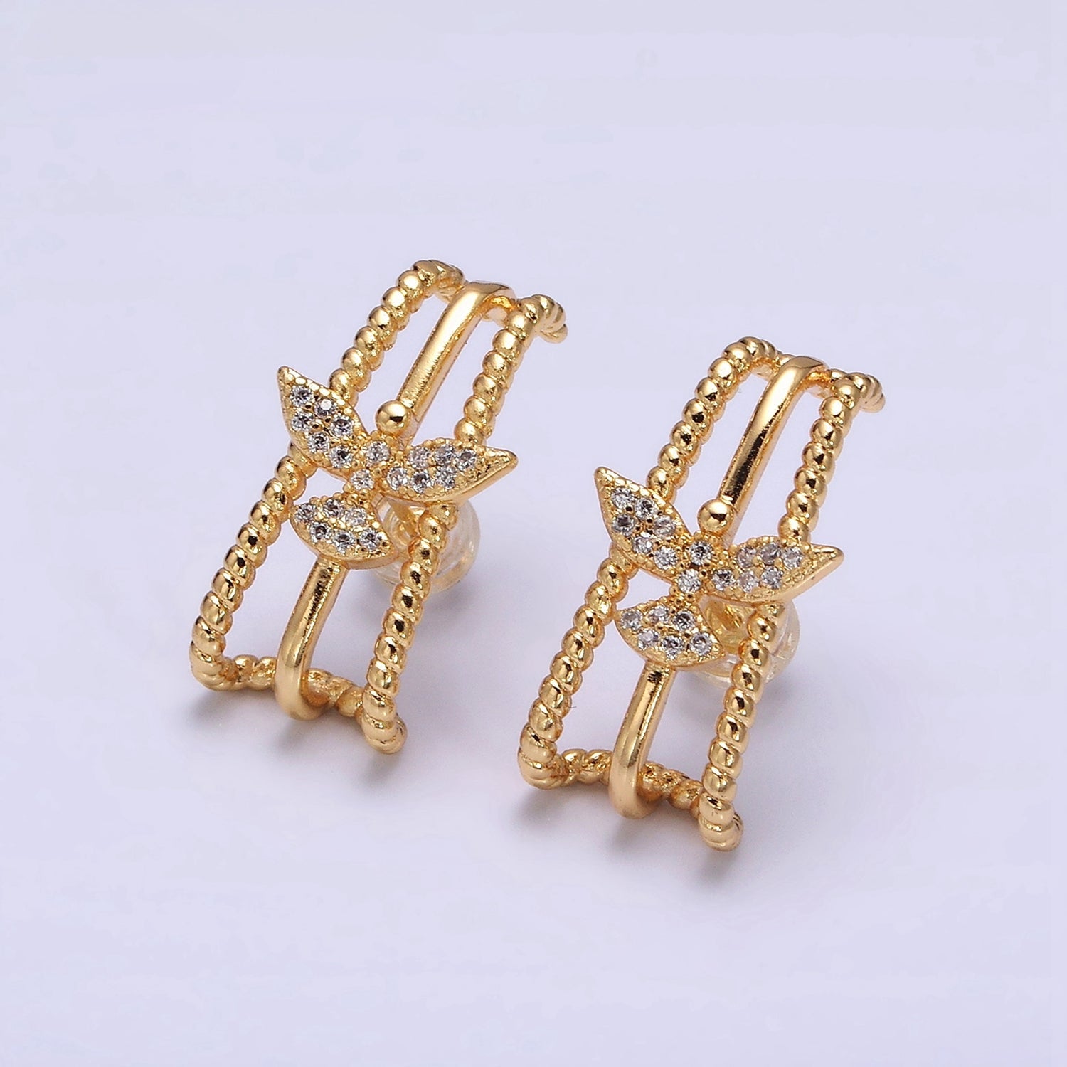 16K Gold Filled Triple Bar Twist Micro Paved CZ Bird 20mm Stud Earrings Set in Gold & Silver | AE848 AE849 - DLUXCA