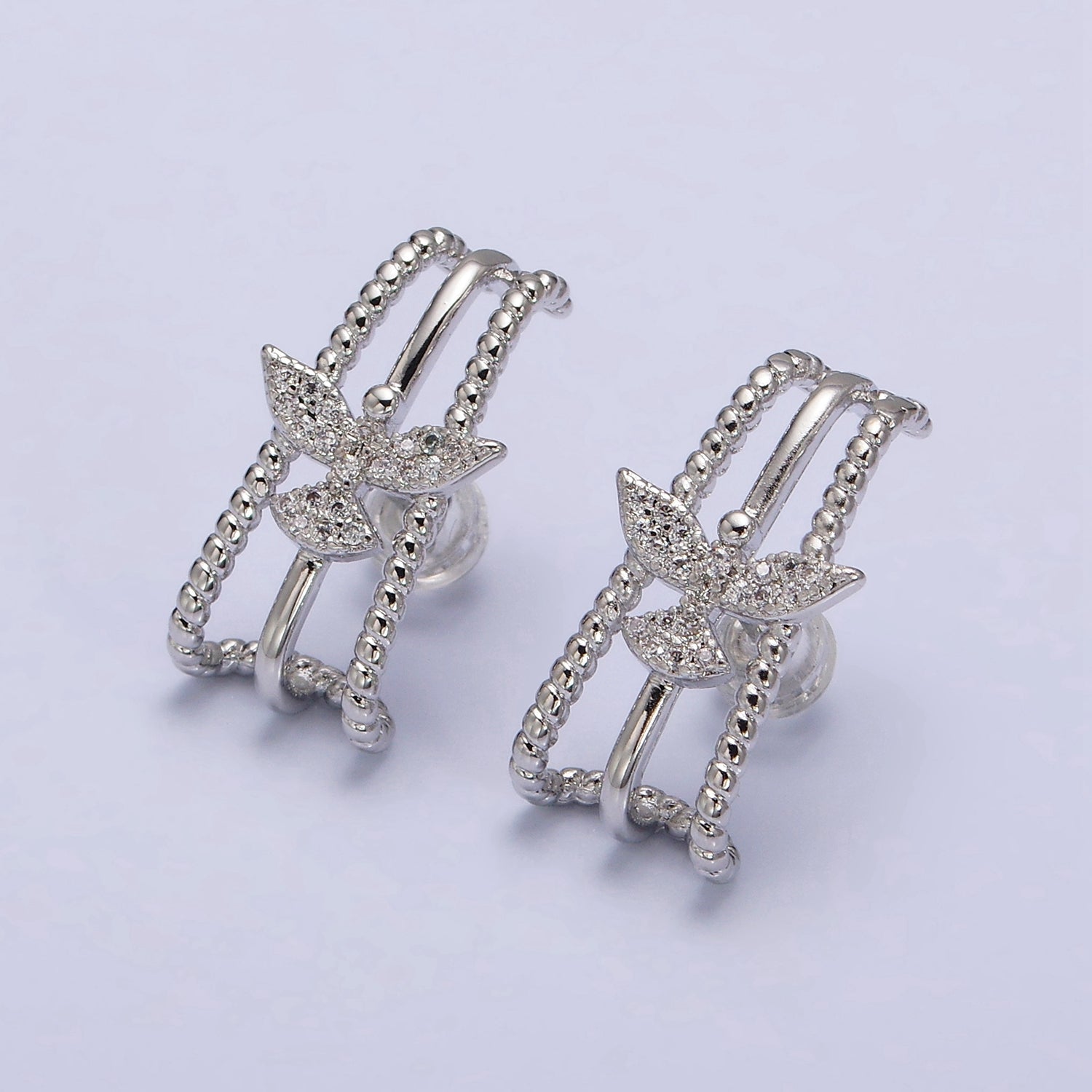 16K Gold Filled Triple Bar Twist Micro Paved CZ Bird 20mm Stud Earrings Set in Gold & Silver | AE848 AE849 - DLUXCA