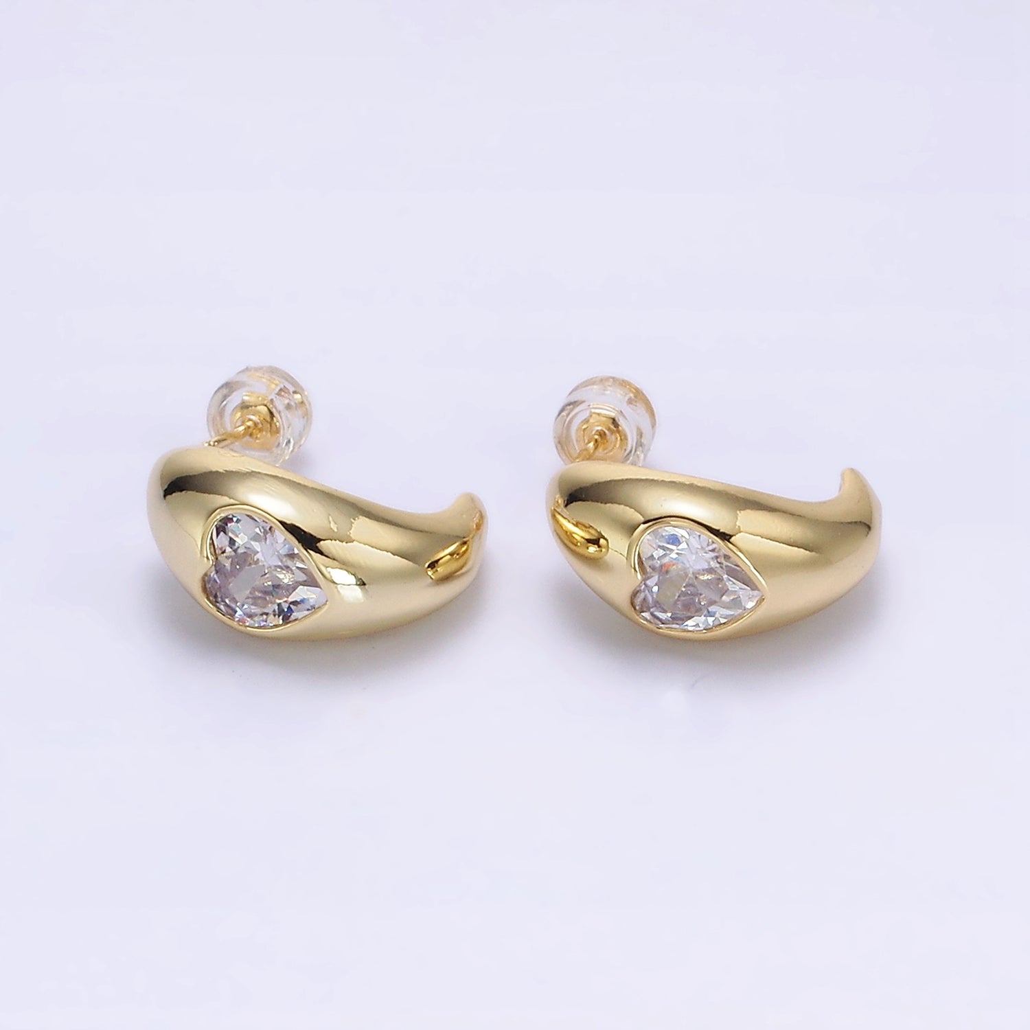 14K Gold Filled Clear CZ Heart Chubby C-Shaped Hoop Earrings in Gold & Silver | AE854 AE855 - DLUXCA