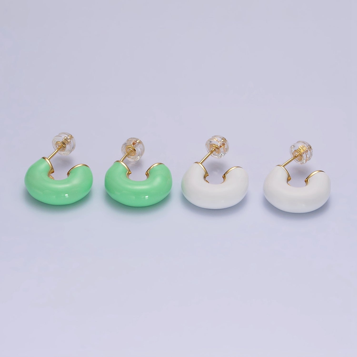 14K Gold Filled White, Green Enamel 22.5mm Chubby C-Shaped Hoop Earrings | AE858 AE859 - DLUXCA