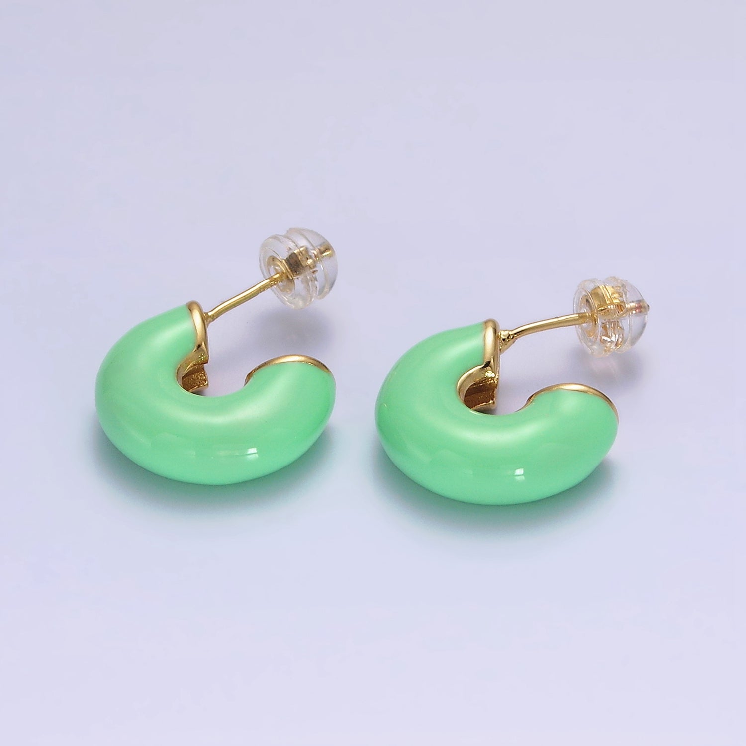 14K Gold Filled White, Green Enamel 22.5mm Chubby C-Shaped Hoop Earrings | AE858 AE859