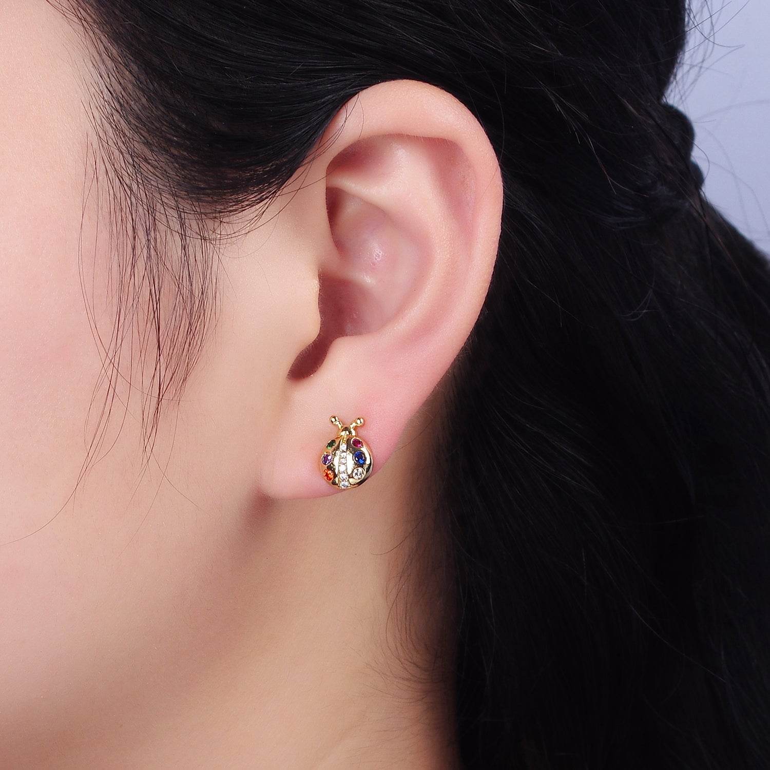 14K Gold Filled Multicolor CZ Ladybug Insect Stud Earrings | AE861 - DLUXCA