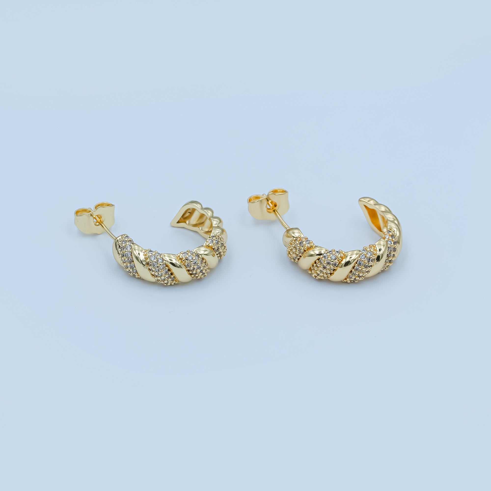 24K Gold Filled Micro Paved CZ Croissant C-Shaped Hoop Earrings | AE862