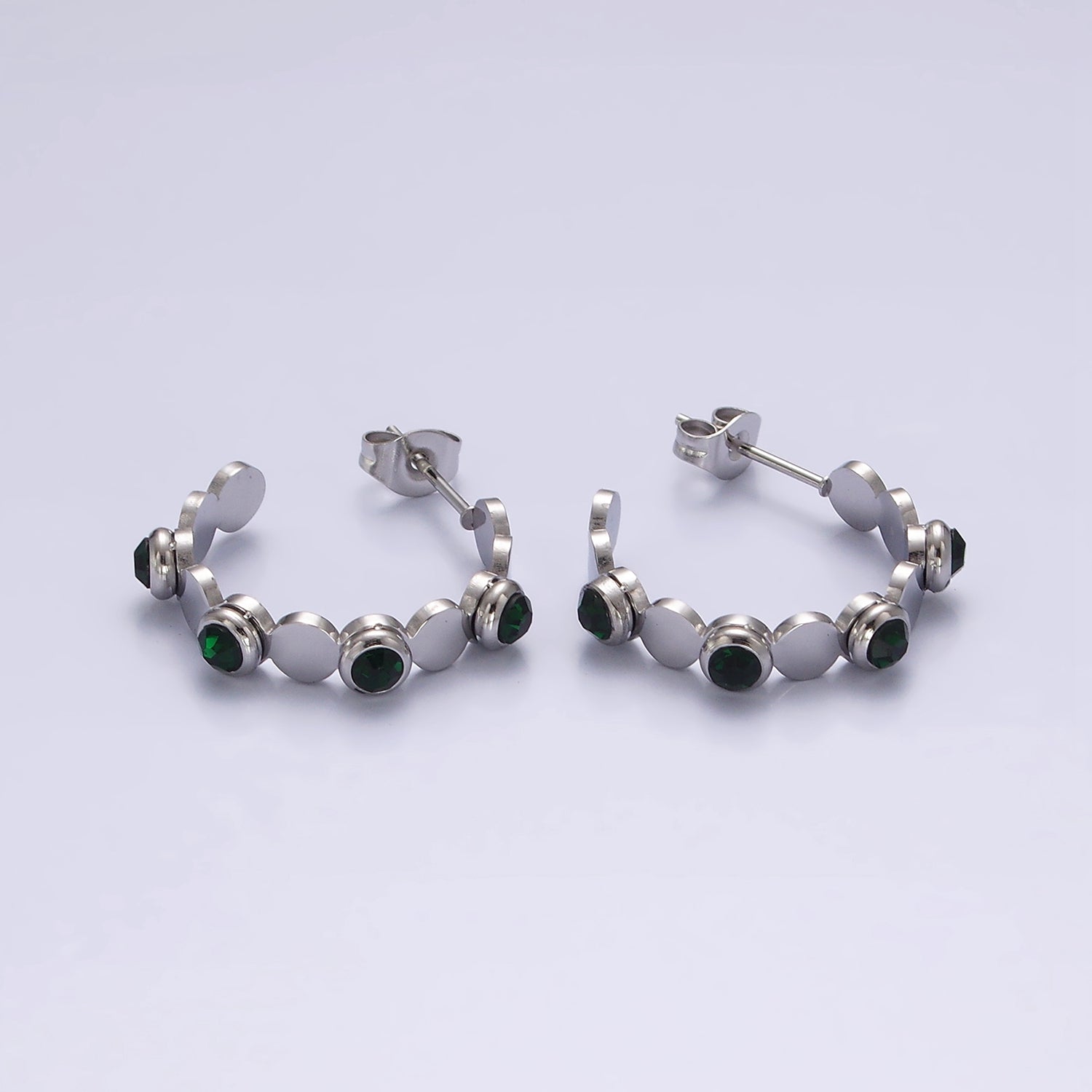 Stainless Steel 25mm Green, Clear CZ Dotted Bubble C-Shaped Hoop Earrings in Silver & Gold | AE865 - AE868