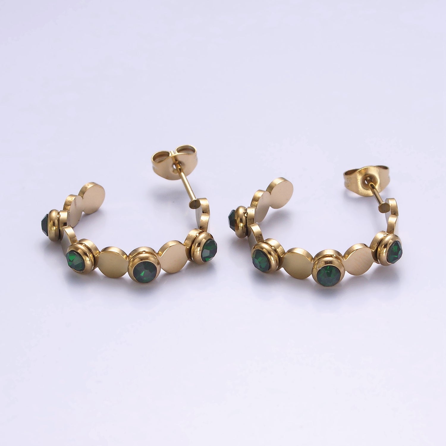 Stainless Steel 25mm Green, Clear CZ Dotted Bubble C-Shaped Hoop Earrings in Silver & Gold | AE865 - AE868